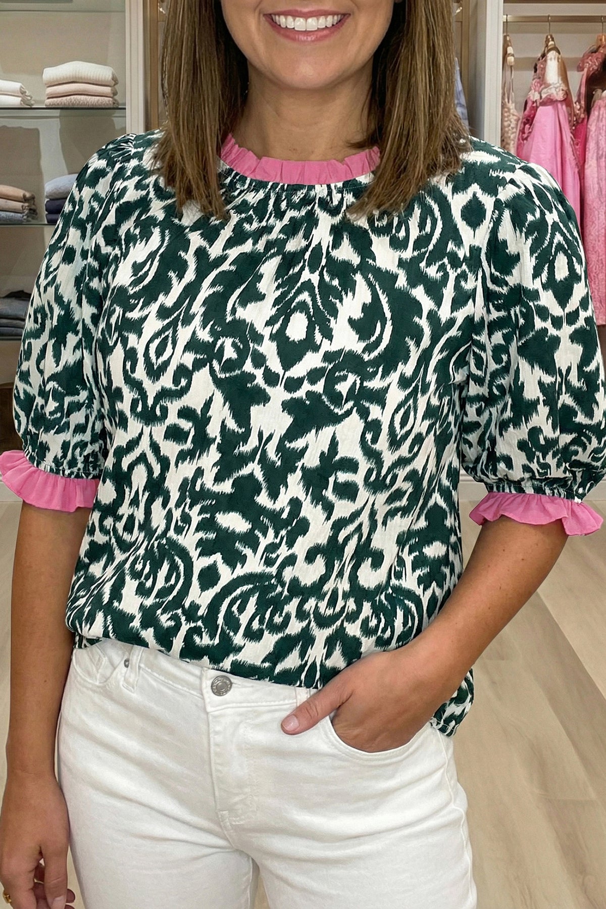 Black Damask Print Ruffled Color Block Detail Half Sleeve Blouse