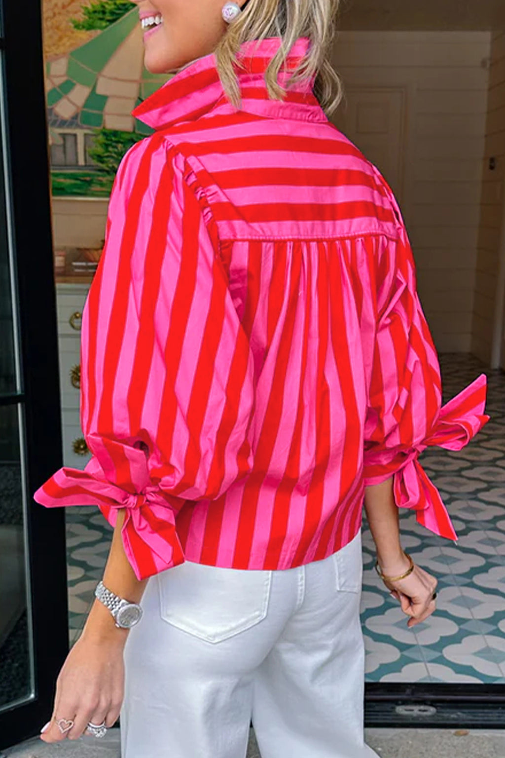 Blue Stripe Tie Puff Sleeve Womens Button Down Shirt