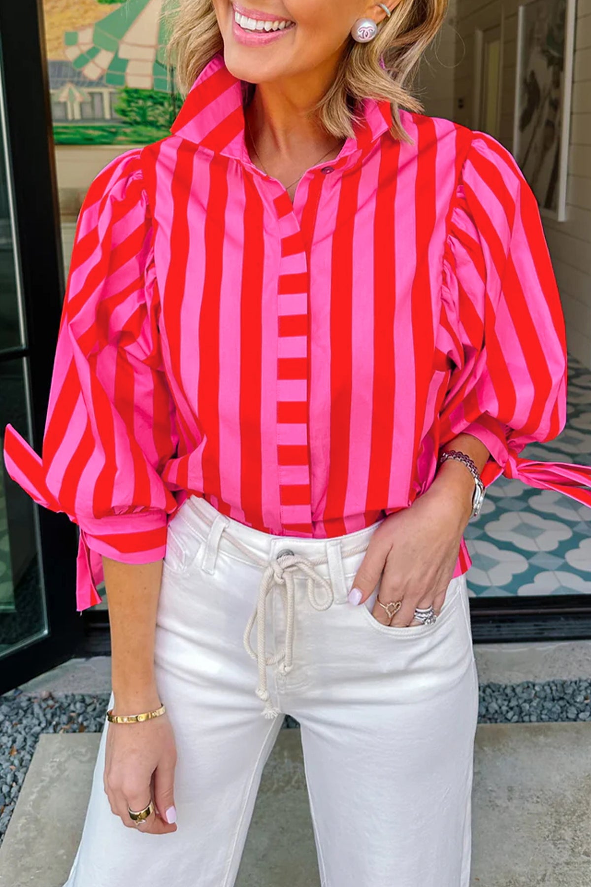 Blue Stripe Tie Puff Sleeve Womens Button Down Shirt