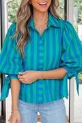 Blue Stripe Tie Puff Sleeve Womens Button Down Shirt