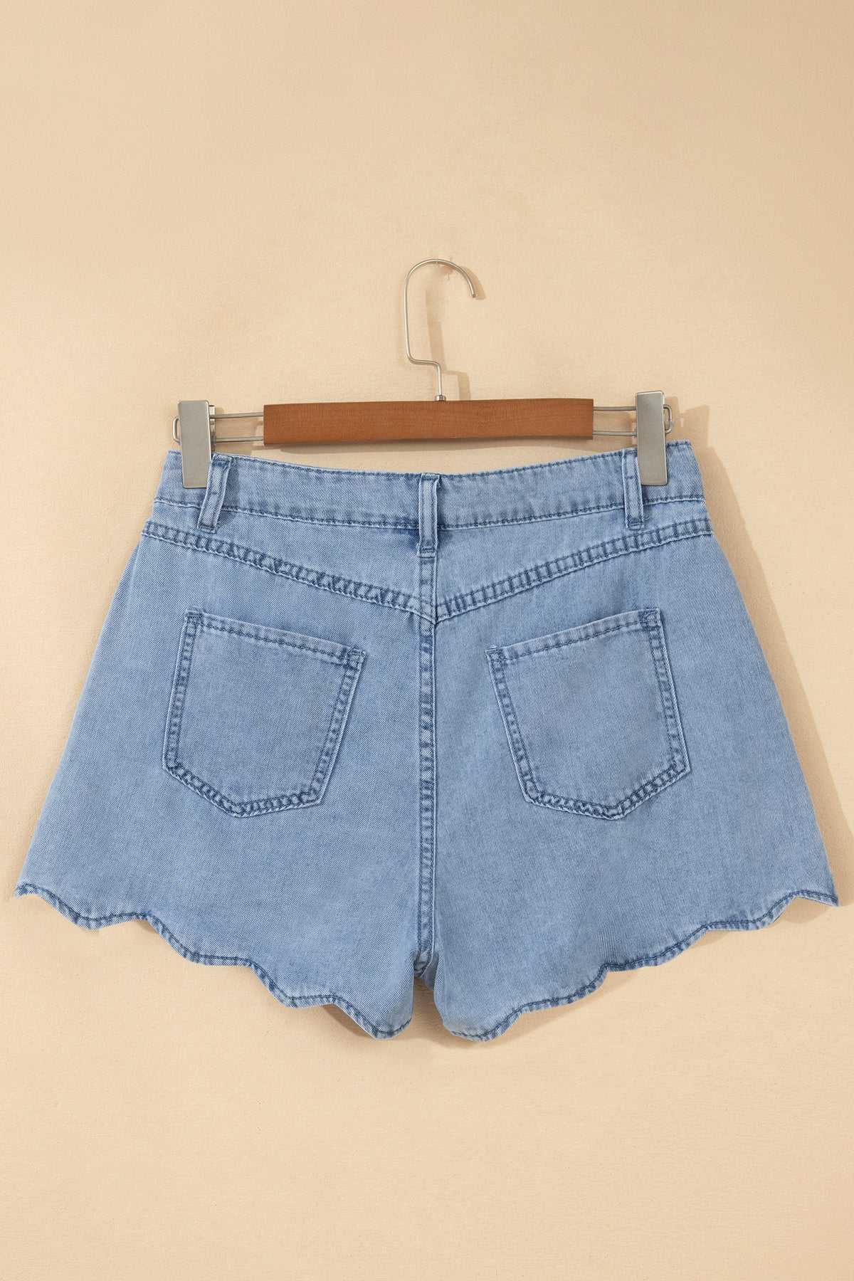 Myosotis Solid Color Scalloped Trim Casual Denim Shorts