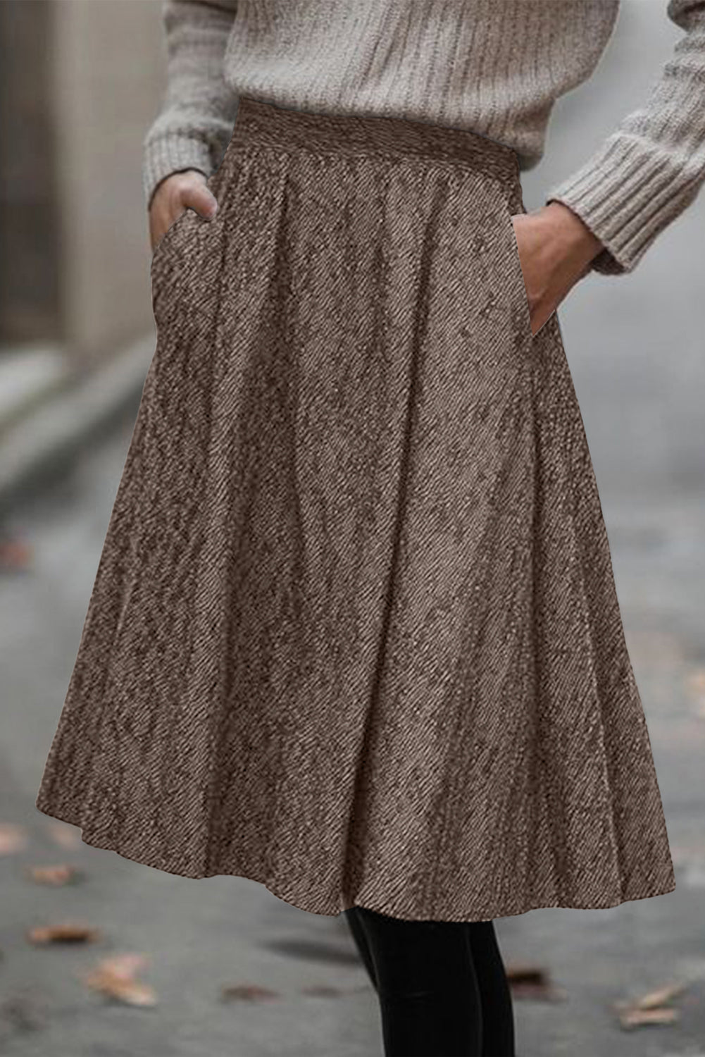 Dark Grey Solid Color Textured Pleated Midi Skirt