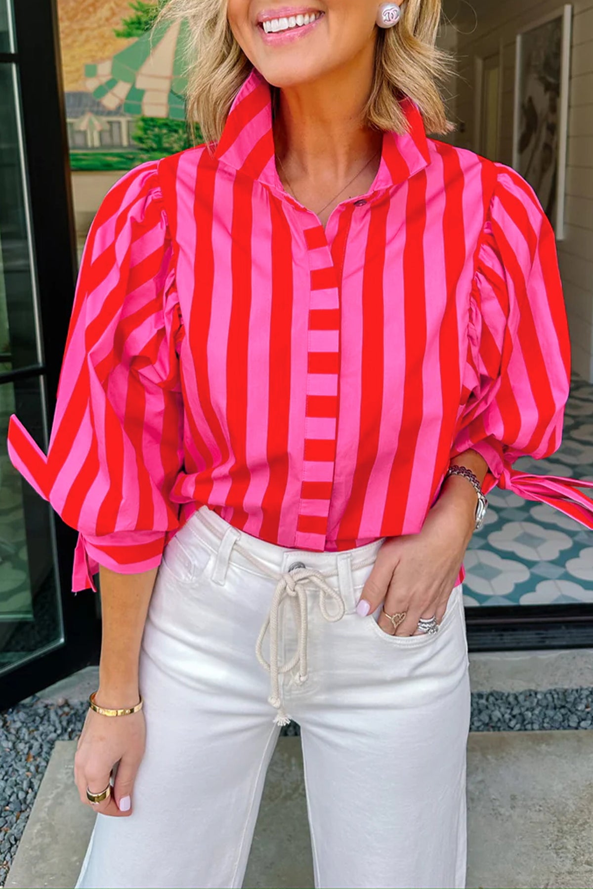 Blue Stripe Tie Puff Sleeve Womens Button Down Shirt