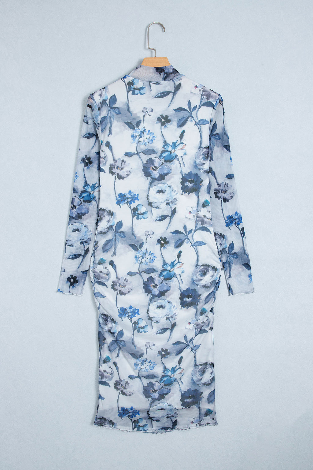 Sky Blue Floral Print Sheath Elegant Long Sleeve Dress