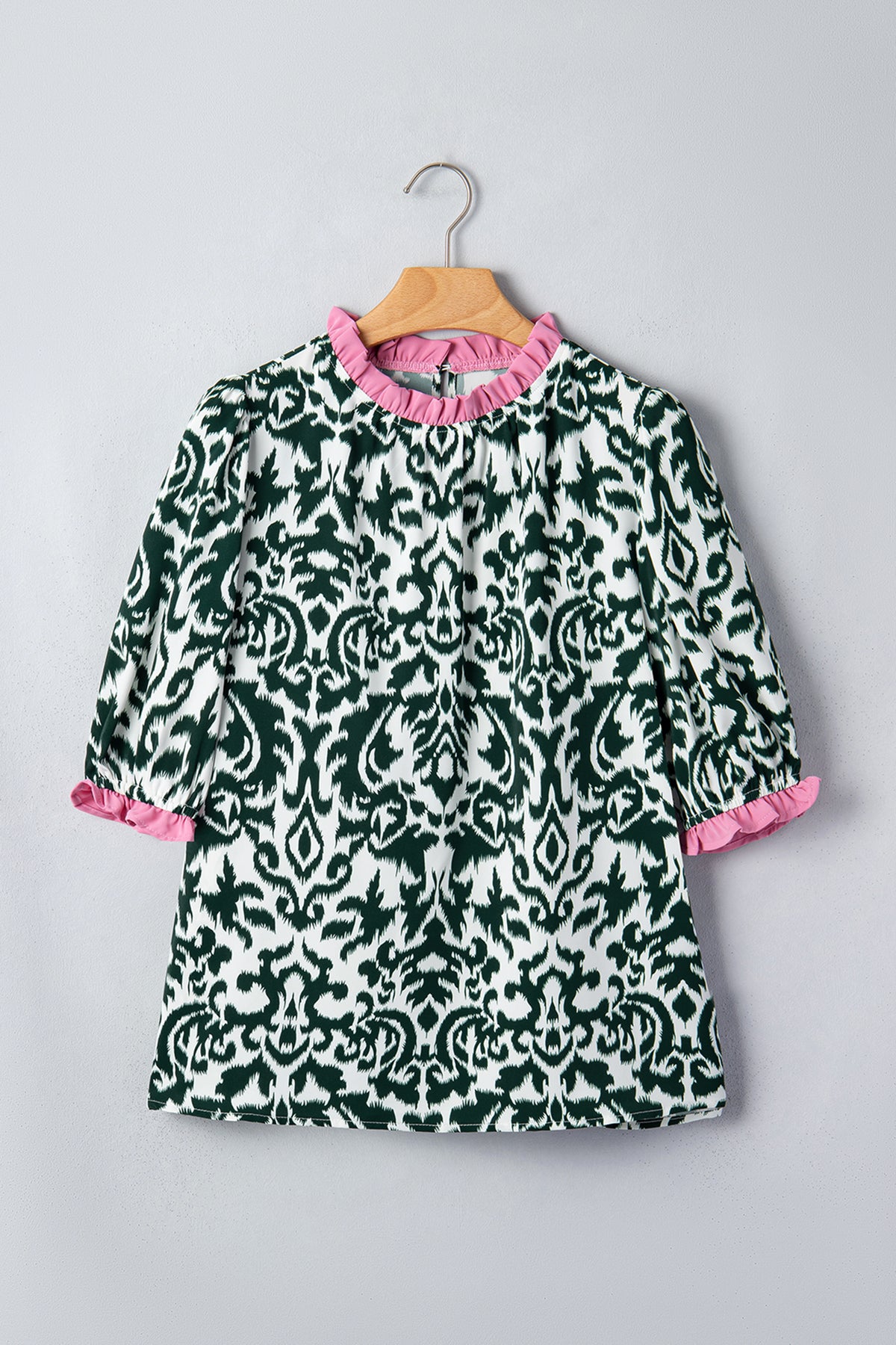 Black Damask Print Ruffled Color Block Detail Half Sleeve Blouse