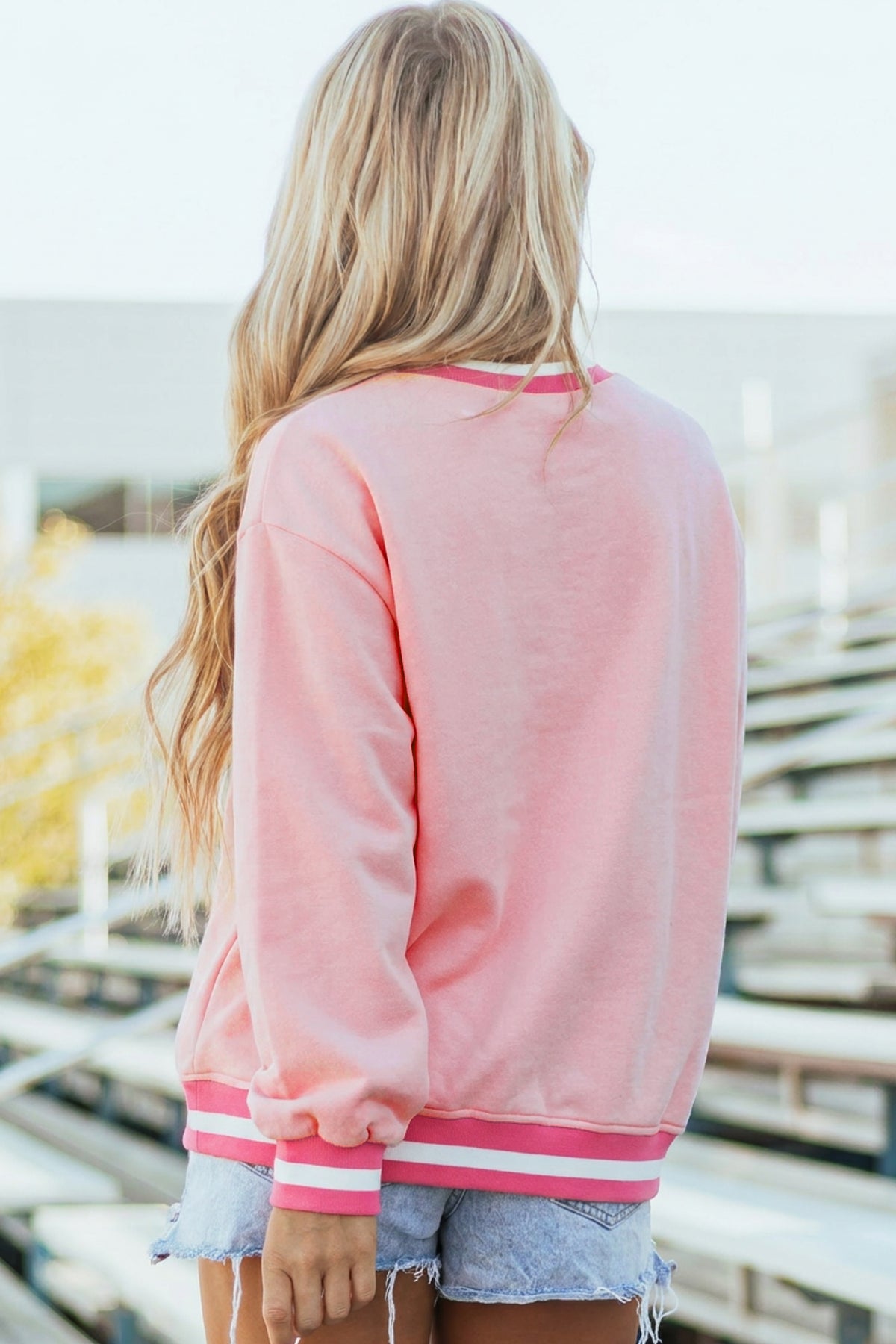 Pink Embroidered Tennis Club Crew Neck Pullover Sweatshirt