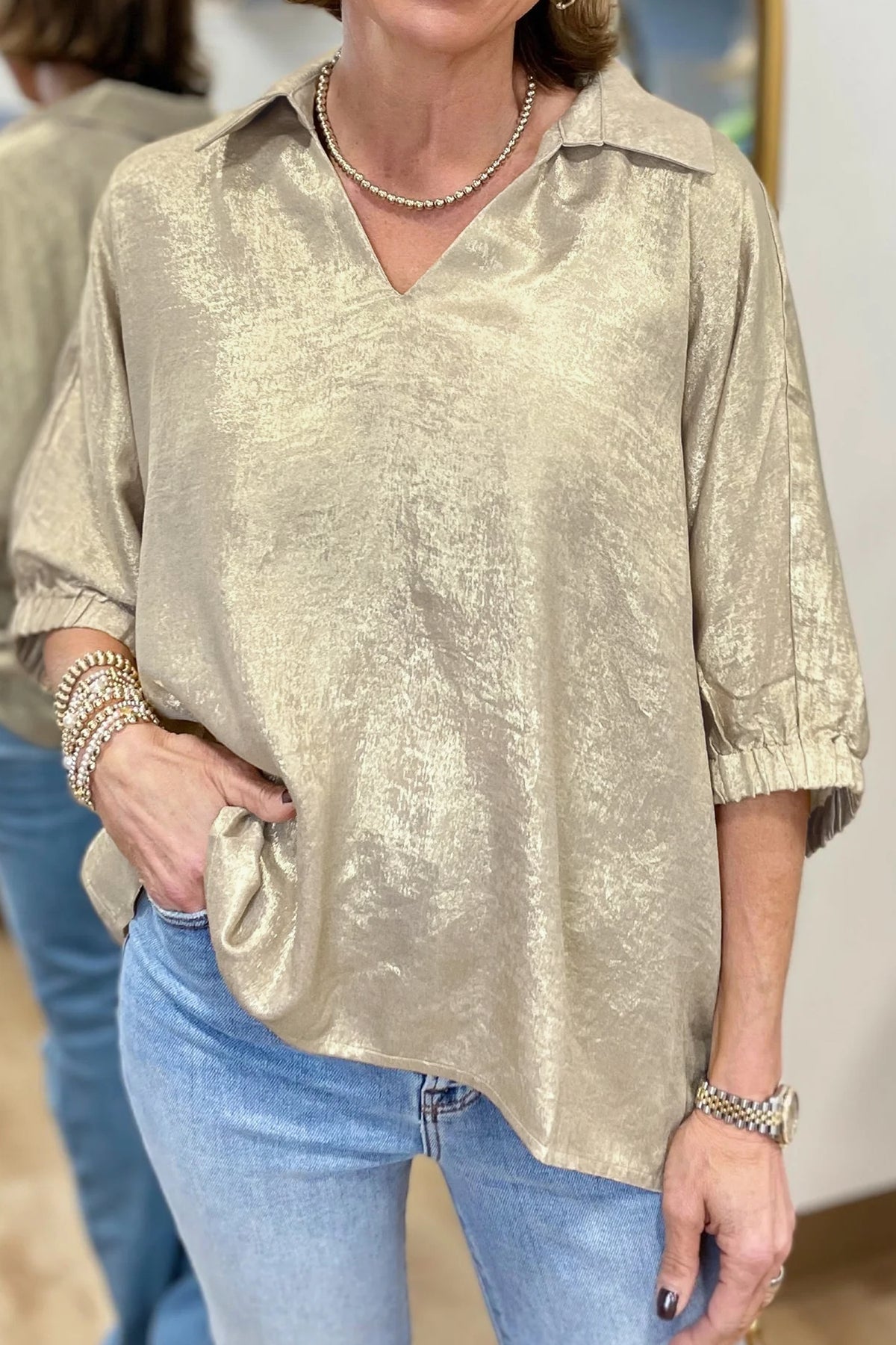 Myosotis Collared V Neck Half Sleeve Metallic Top