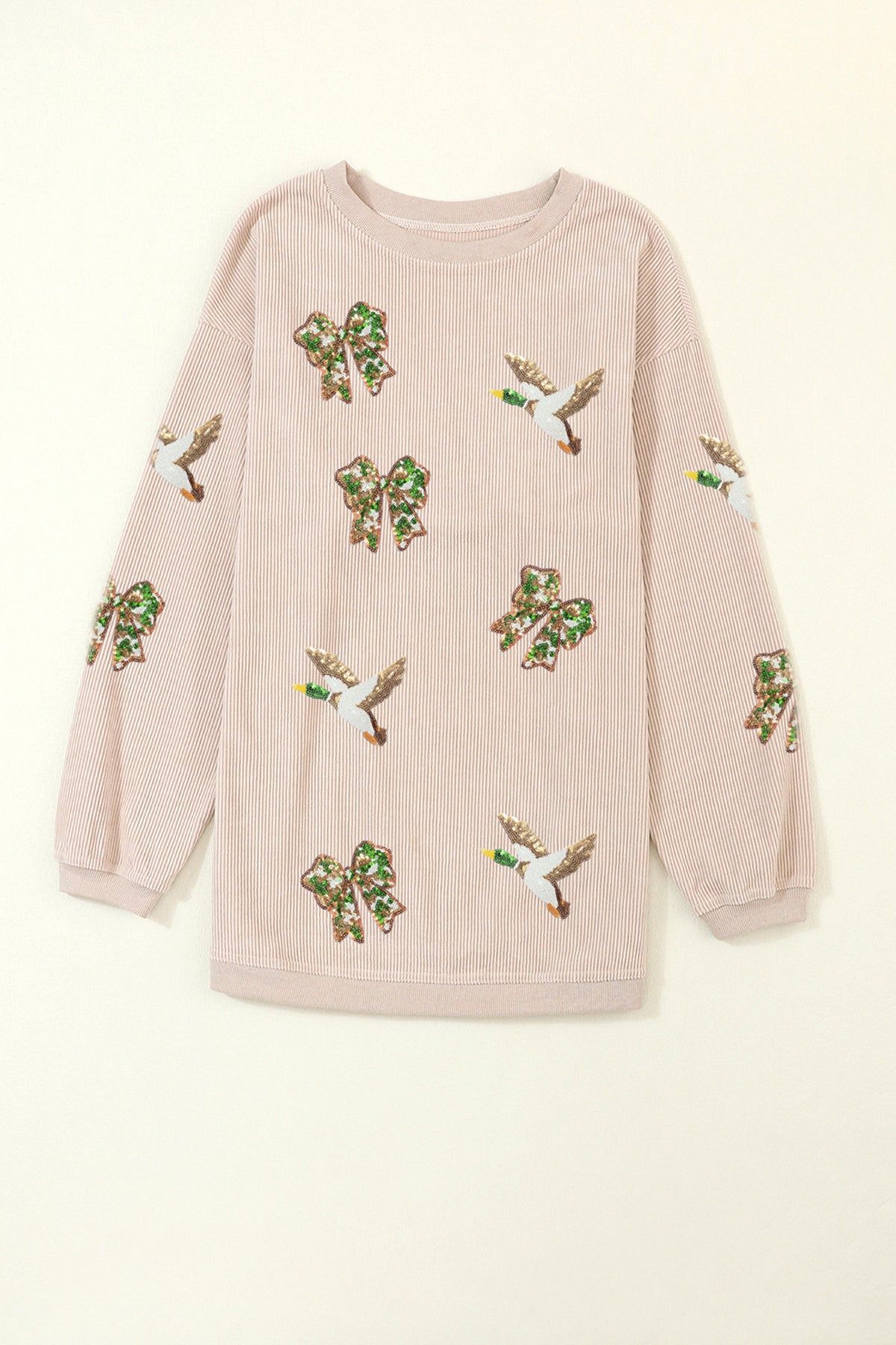 Apricot Twisted Rib Sequin Patched Mallard Bow Pattern Oversized Sweatshirt