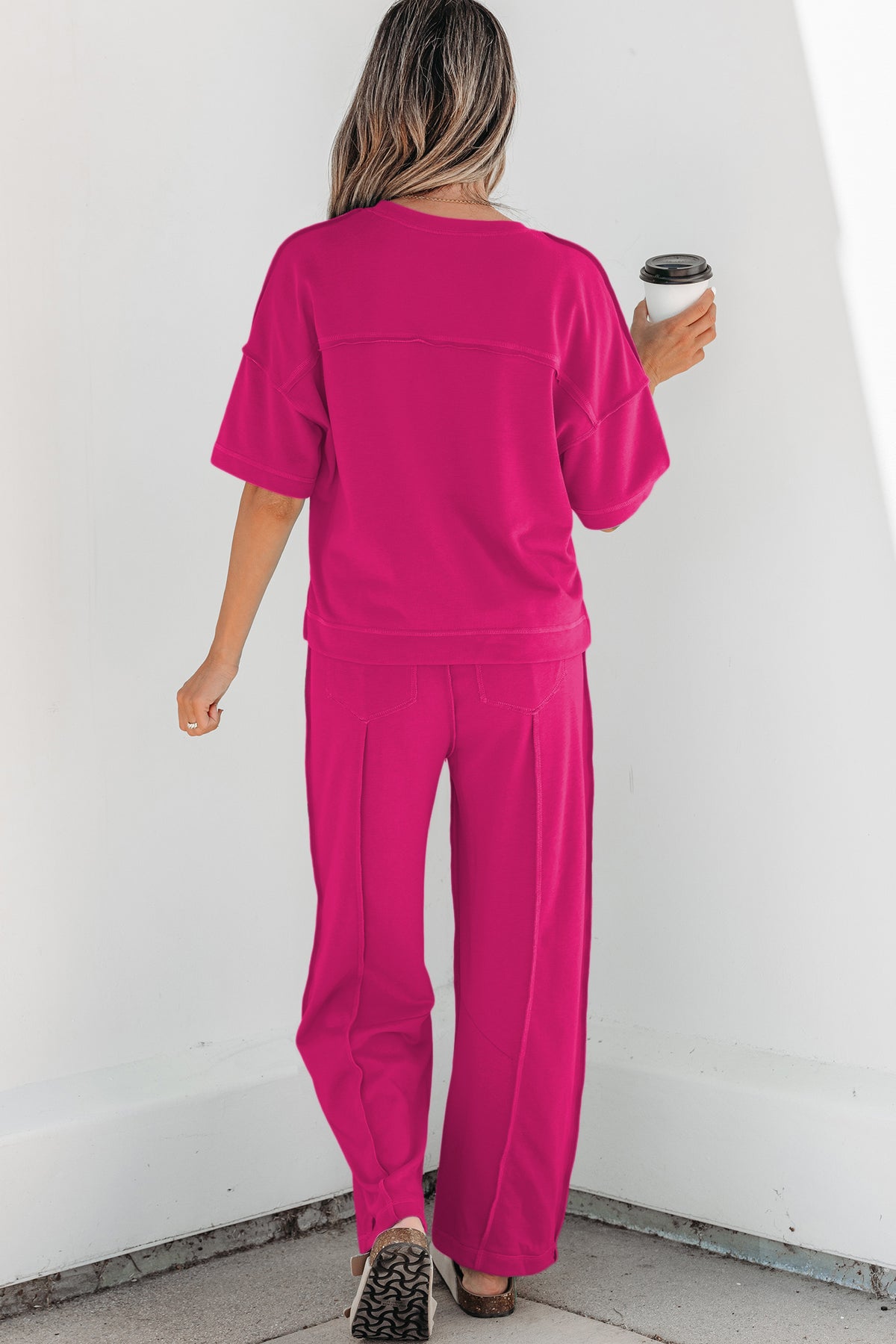 Rose Red Drop Shoulder Boxy Tee and Barrel Pants Set