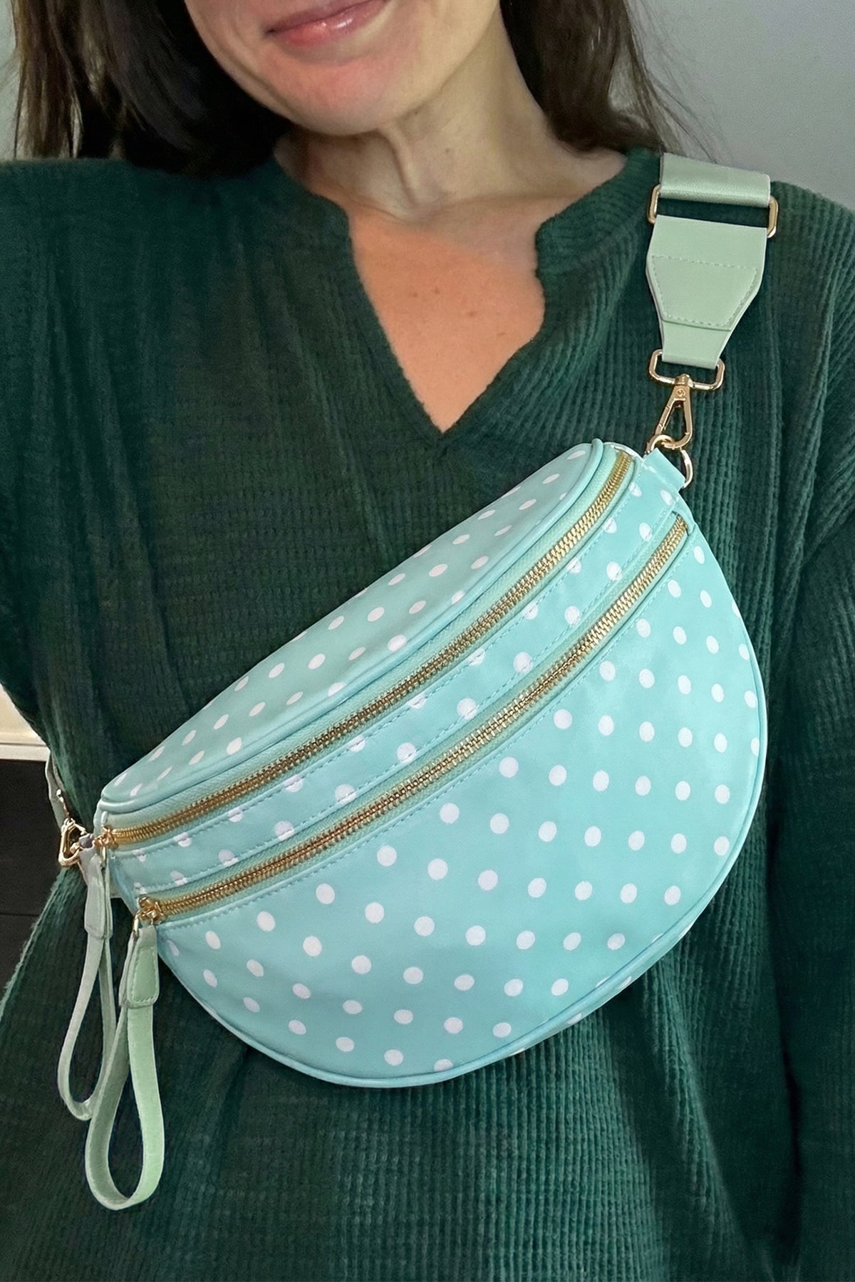 Beige Retro Polka Dot Print Double Zip Crossbody Bag