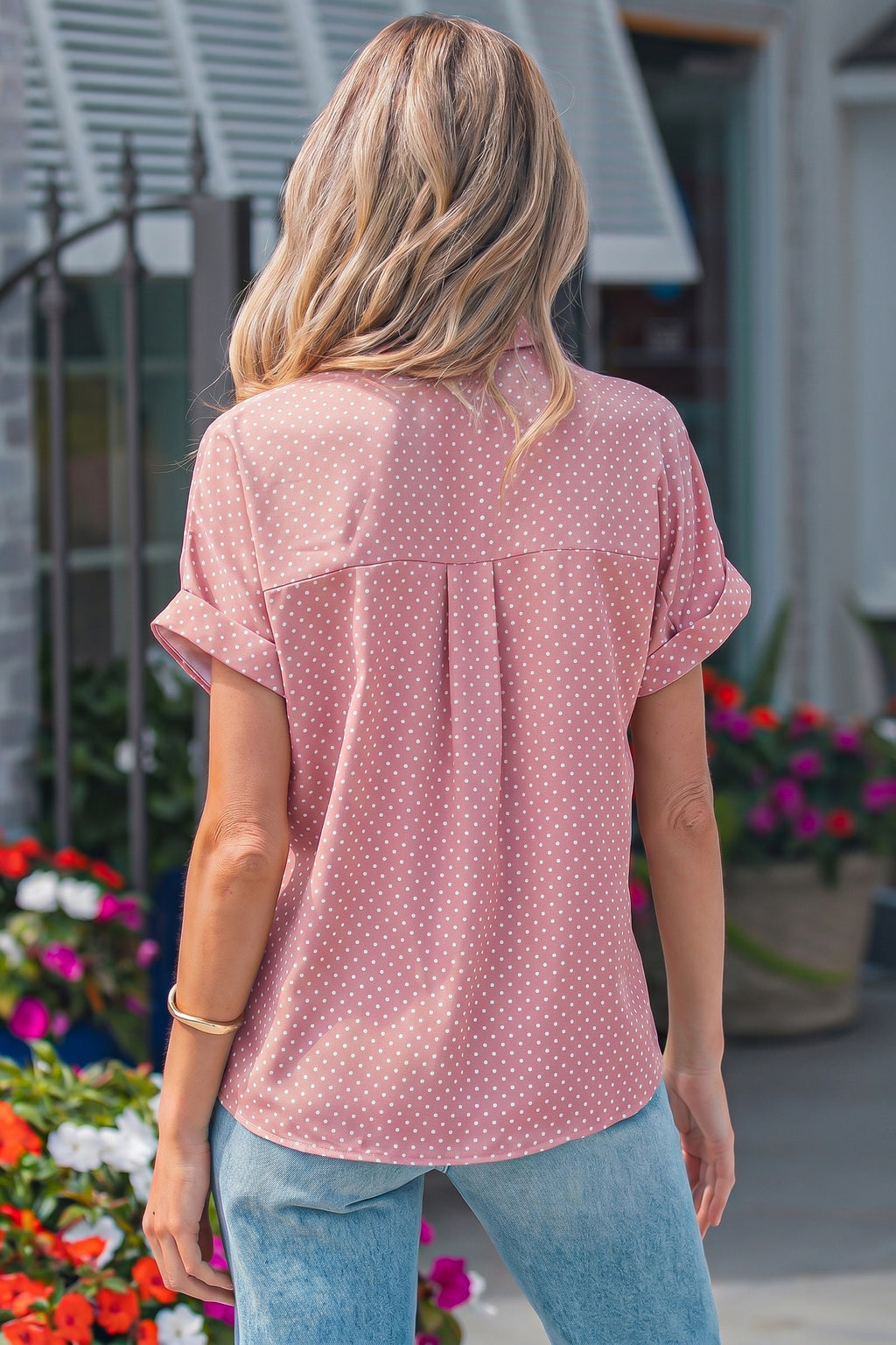 Khaki Dotted Print Cuffed Short Sleeve Shirt