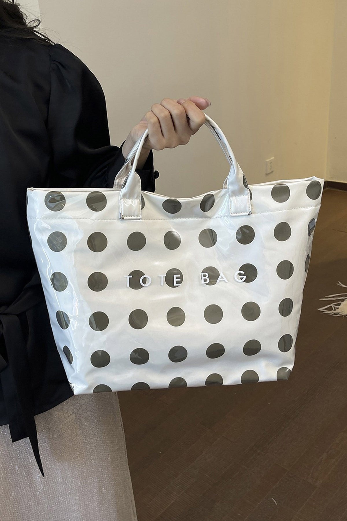 Dark Blue Polka Dot Durable Waterproof PVC Tote Bag