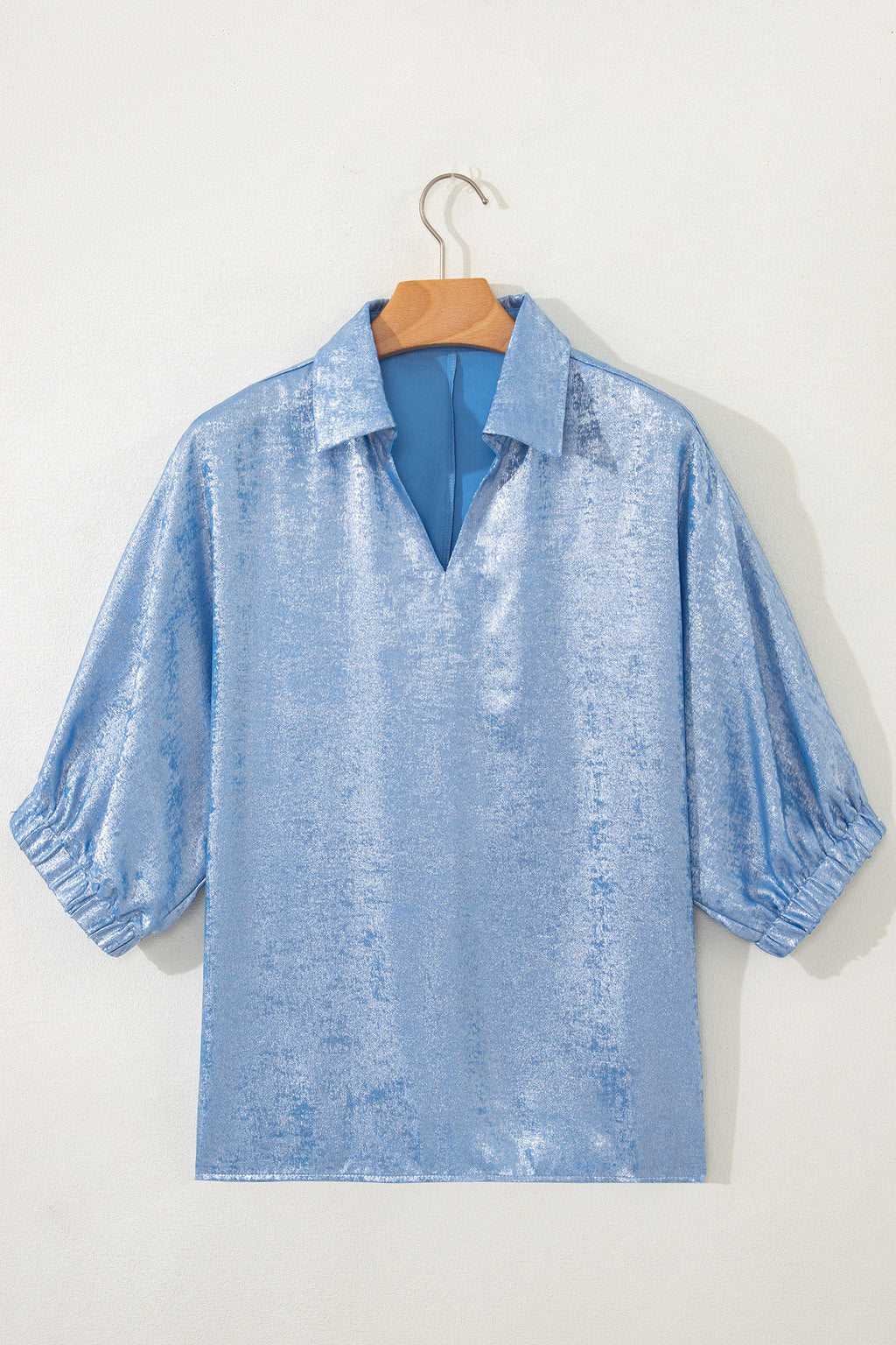 Myosotis Collared V Neck Half Sleeve Metallic Top