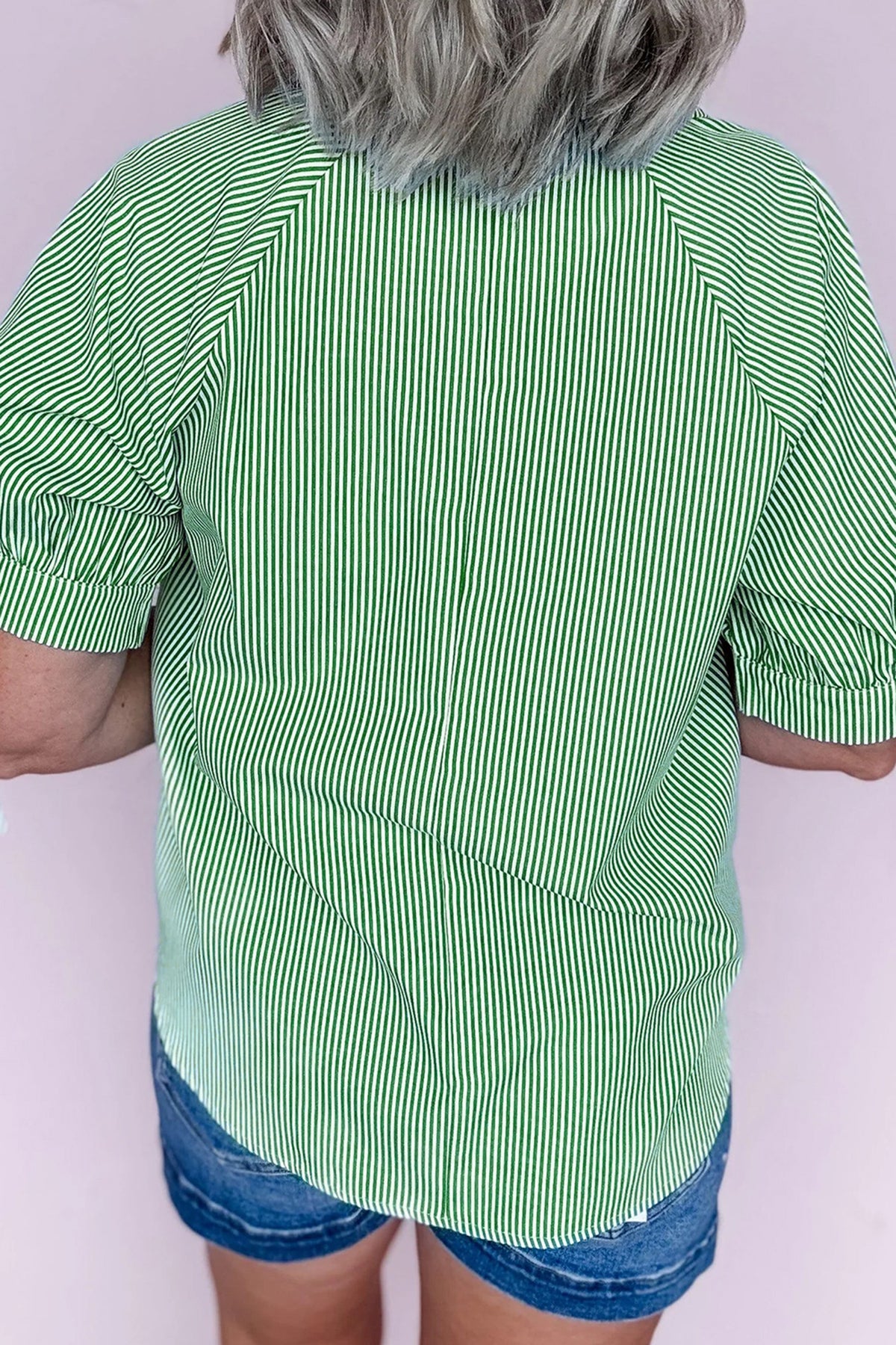 Pink Striped Print Collared Split Neck Half Sleeve Blouse