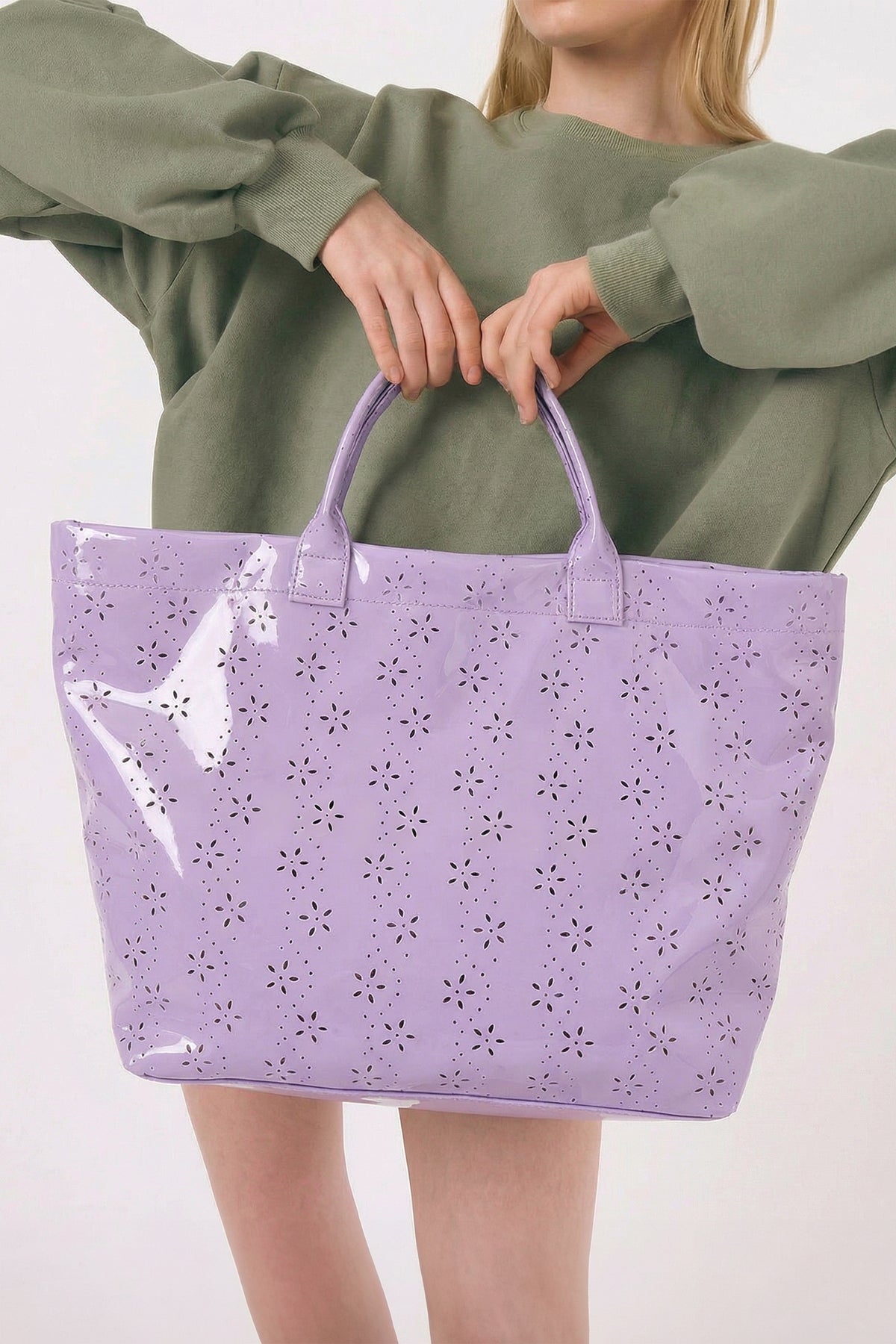 Beige Eyelet Flower Pattern PVC Glossy Waterproof Tote Bag