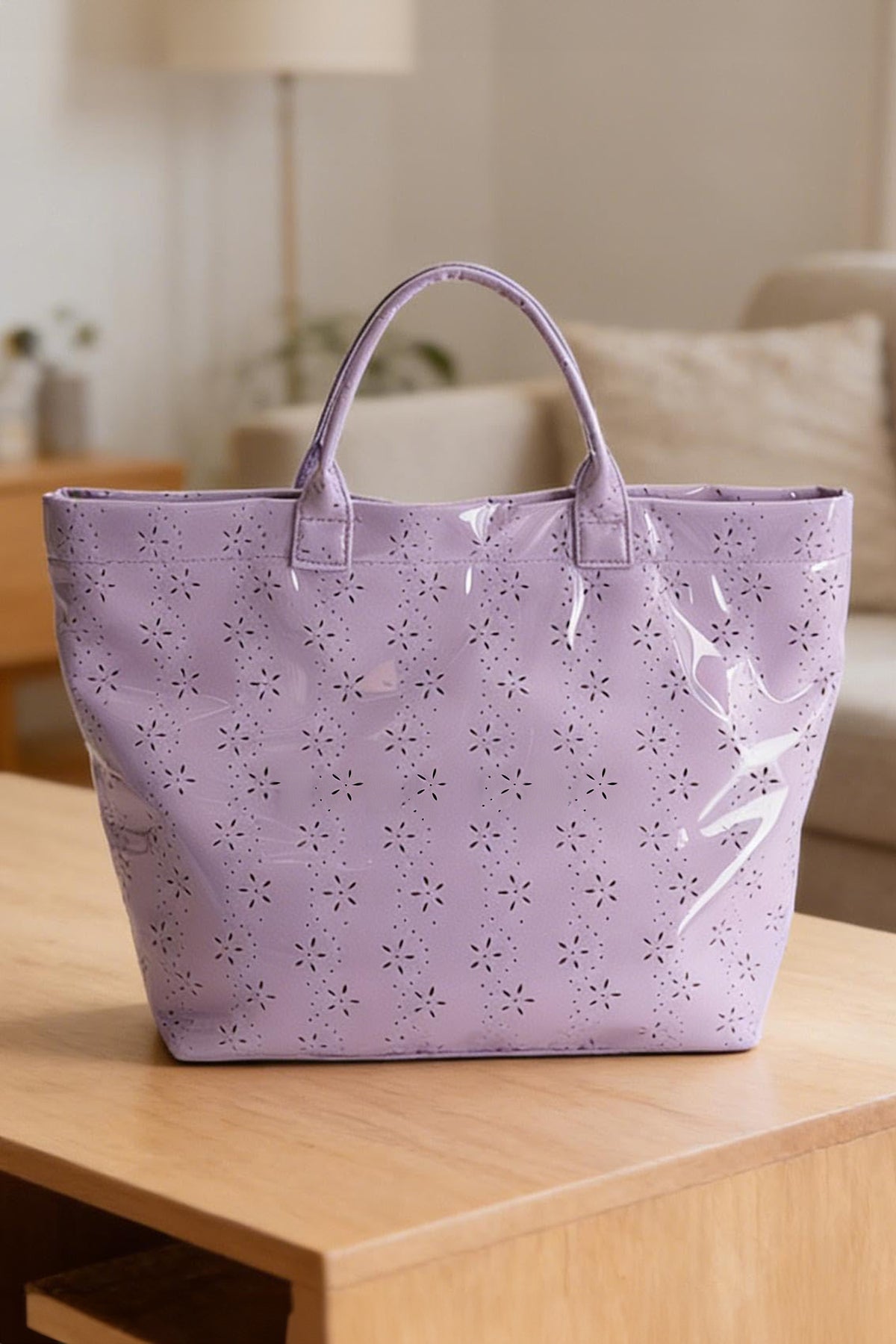 Beige Eyelet Flower Pattern PVC Glossy Waterproof Tote Bag