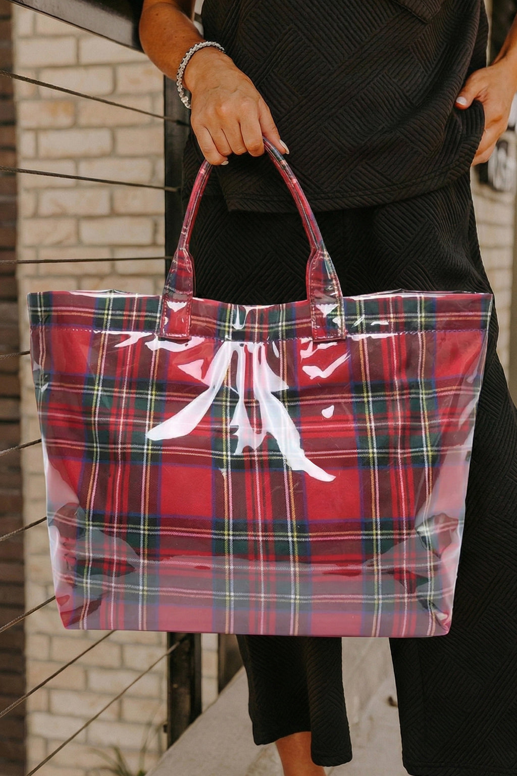 Beige Eyelet Flower Pattern PVC Glossy Waterproof Tote Bag
