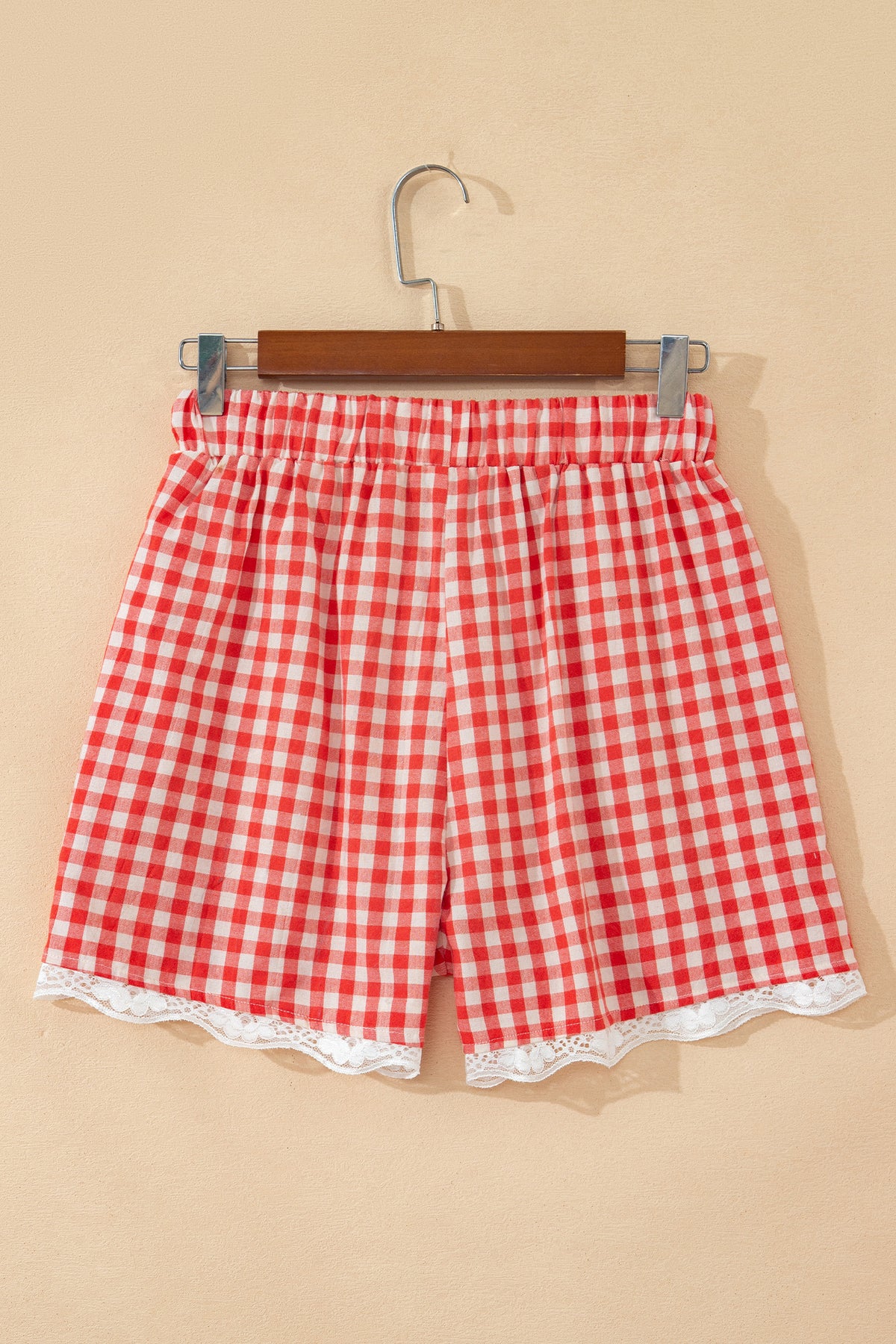 Red Gingham Plaid Tie Elastic Waist Lace Patchwork Hem Casual Shorts