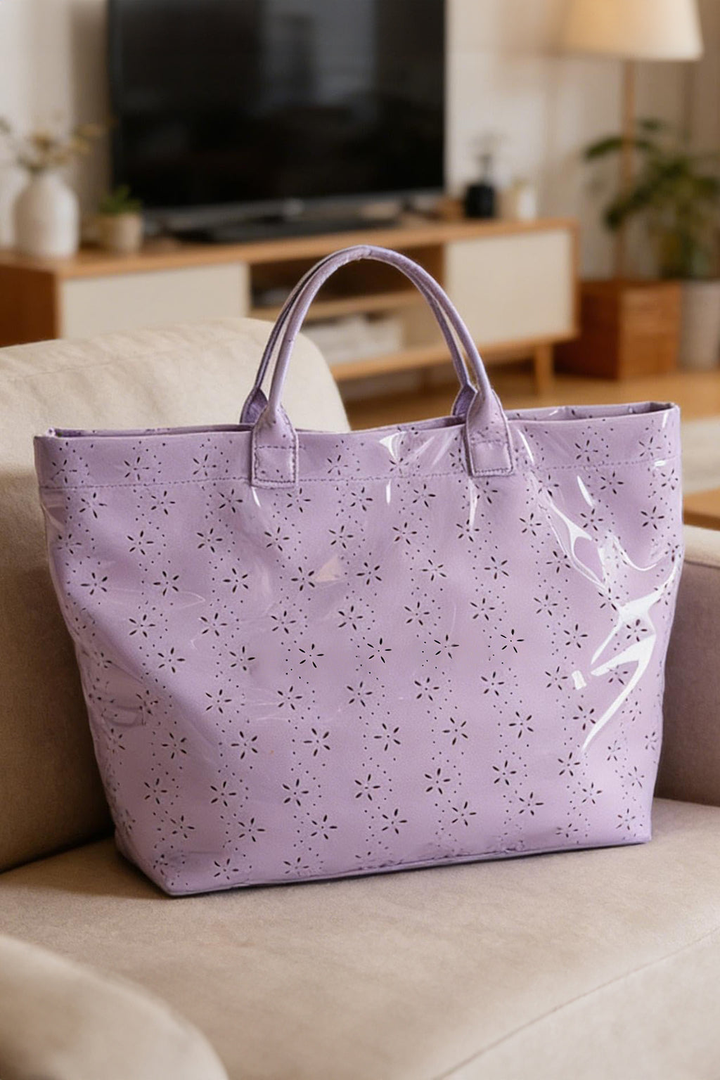 Beige Eyelet Flower Pattern PVC Glossy Waterproof Tote Bag