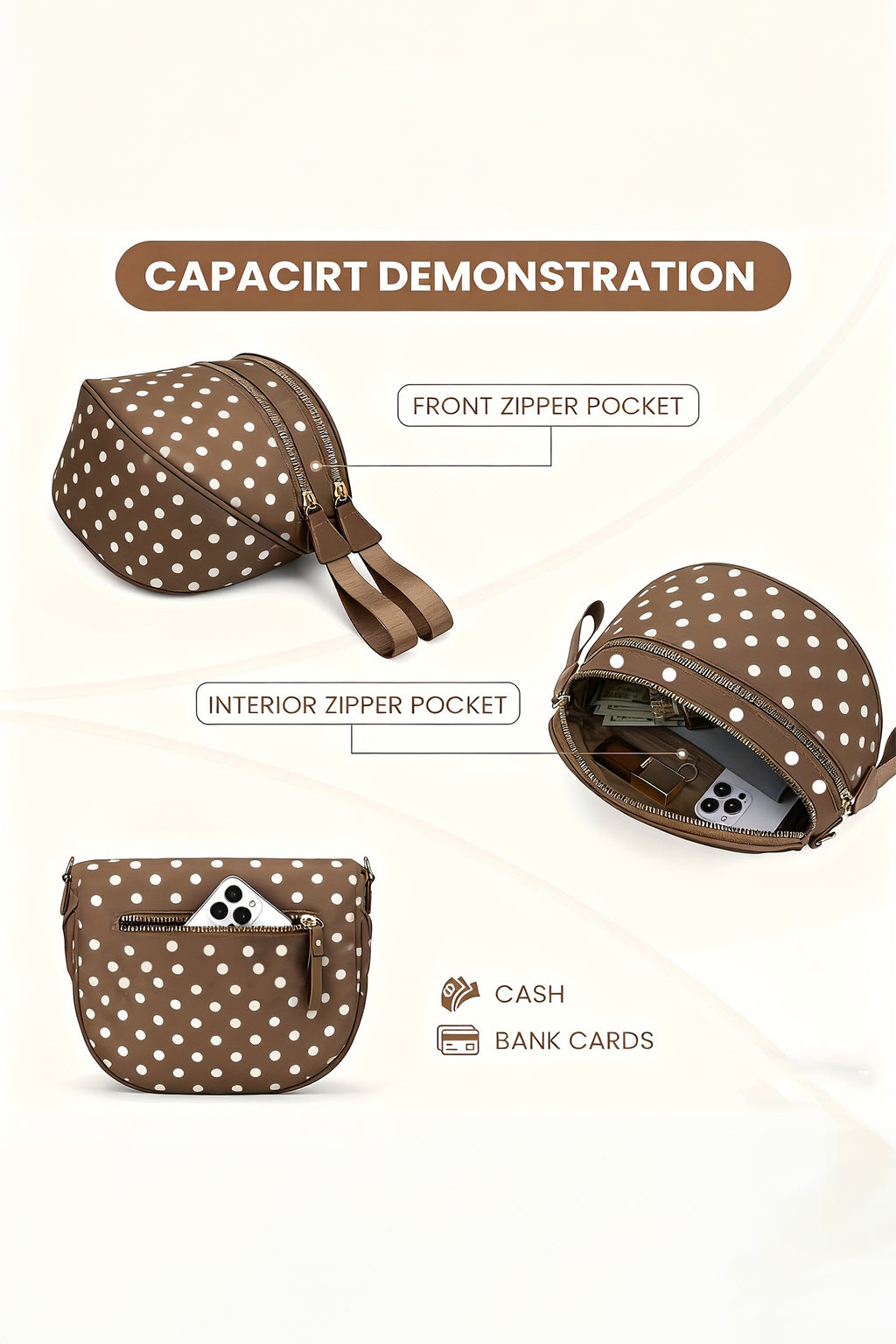 Camel Polka Dot Print Double Zip Fashion Crossbody Bag