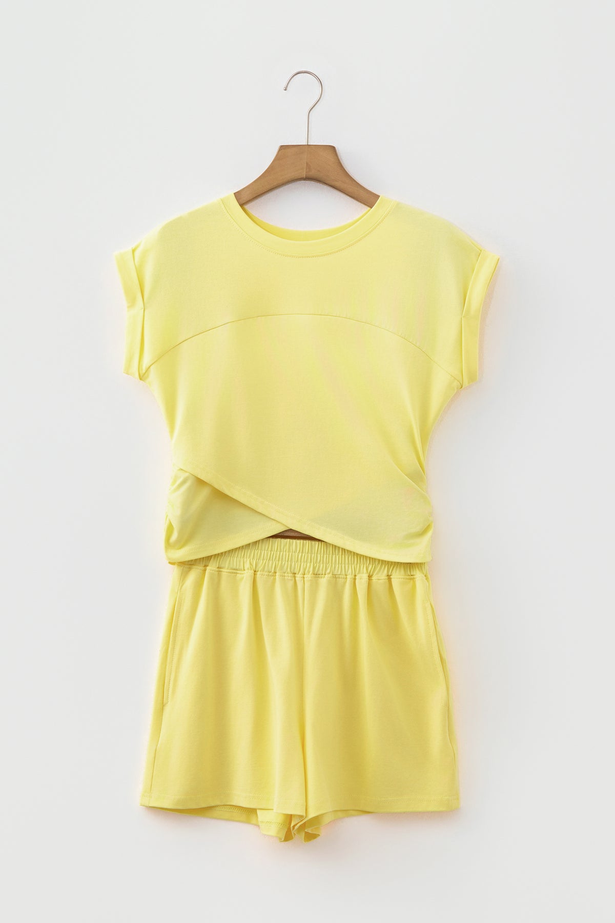 Mint Green Solid Short Sleeve Elastic Waist Pocket Casual Two Piece Short Set