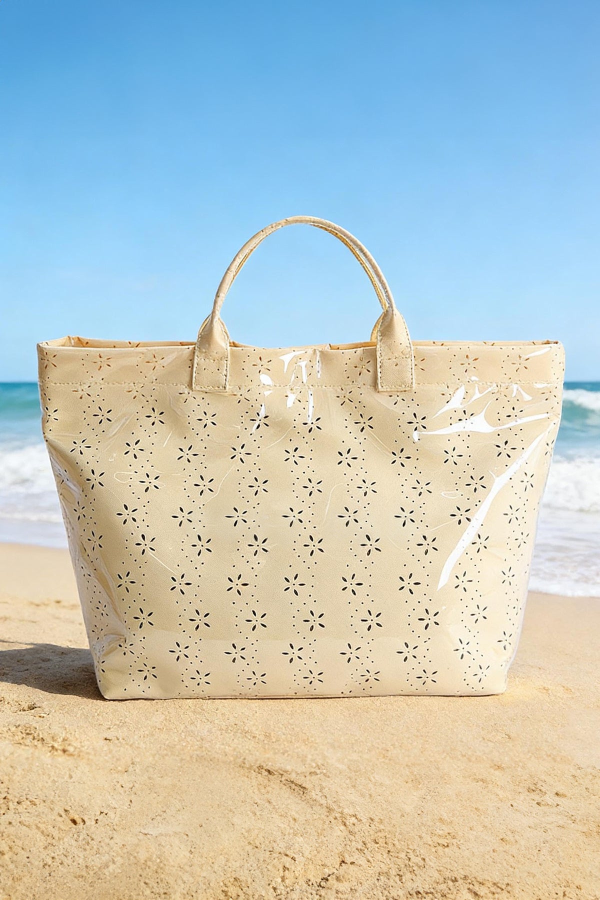 Beige Eyelet Flower Pattern PVC Glossy Waterproof Tote Bag