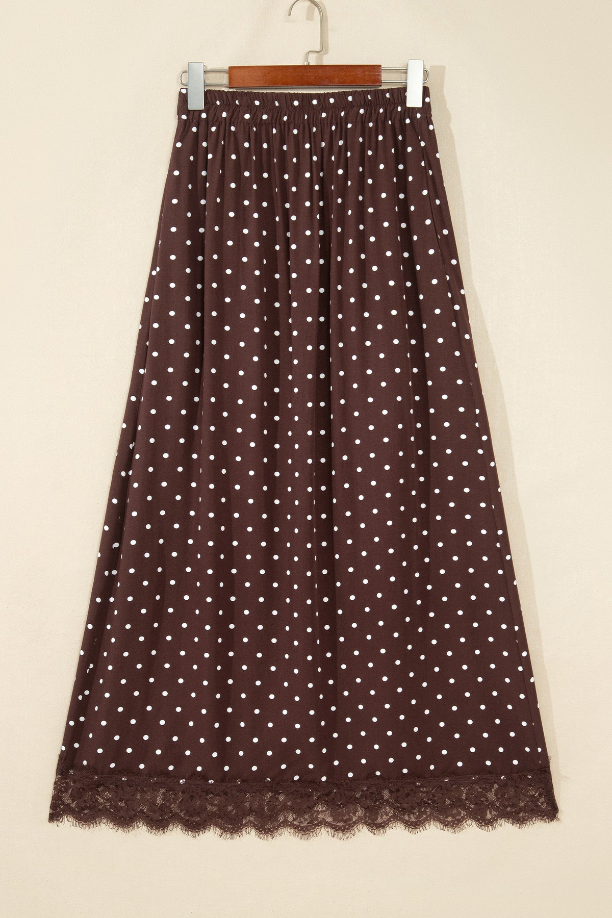 Khaki Polka Dot Lace Hem Elegant Long Shift Skirt