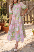 Pink Floral Print Short Puff Sleeve High Waist Tiered Maxi Dress