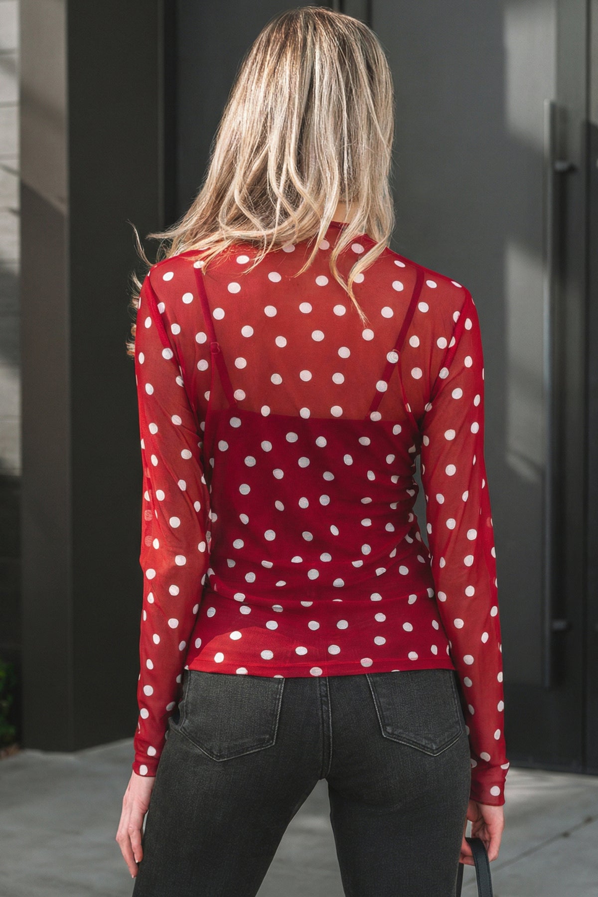 Green Polka Dot Patterned Bodycon Mock Neck Mesh Long Sleeve Top