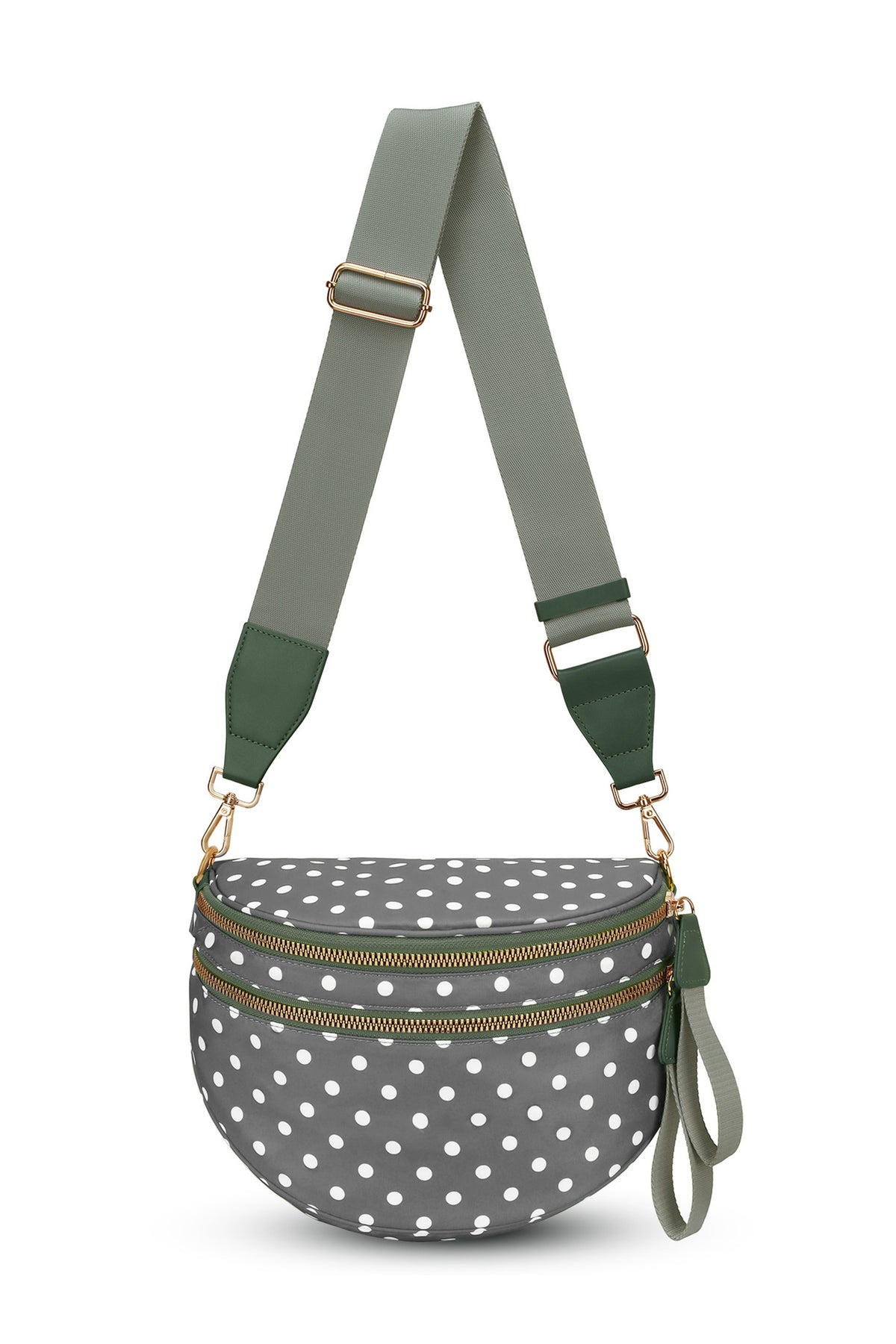 Beige Retro Polka Dot Print Double Zip Crossbody Bag