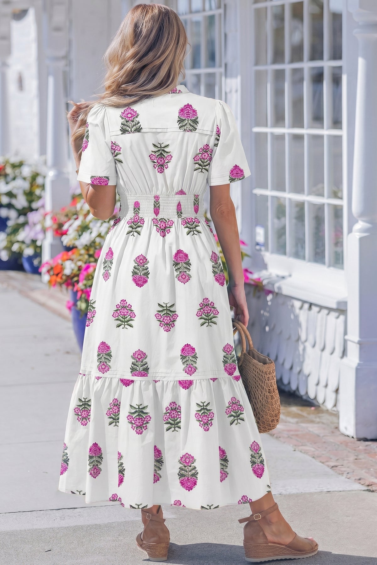 Green Floral Print Split Neck Shirred High Waist Ruffle Hem Maxi Dress