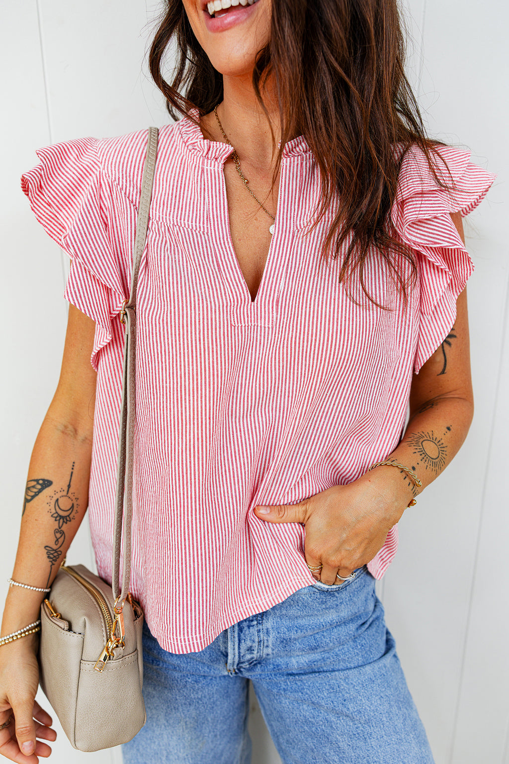 Red Stripe Frilly Split Neck Double Ruffled Short Sleeve Blouse