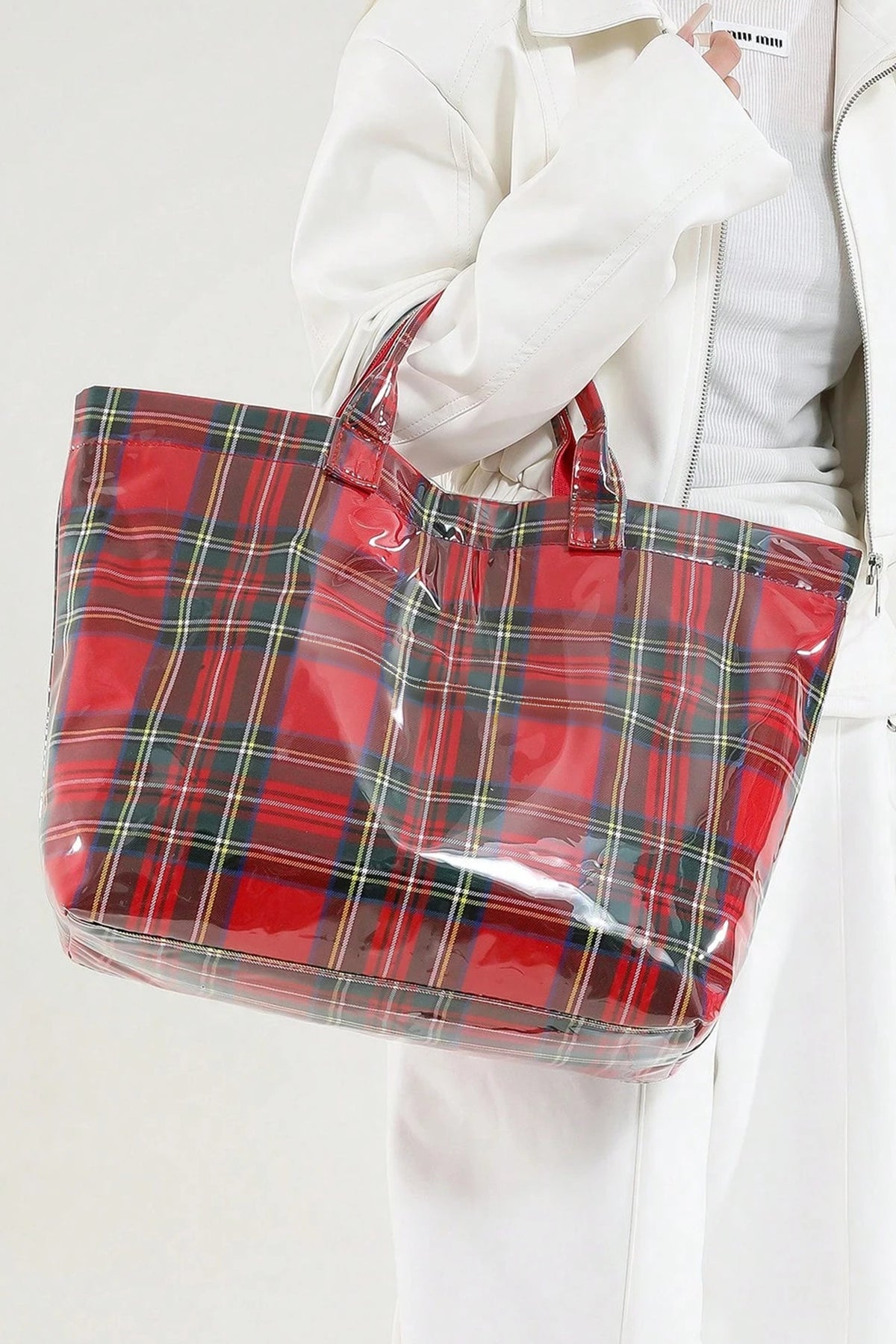 Beige Eyelet Flower Pattern PVC Glossy Waterproof Tote Bag