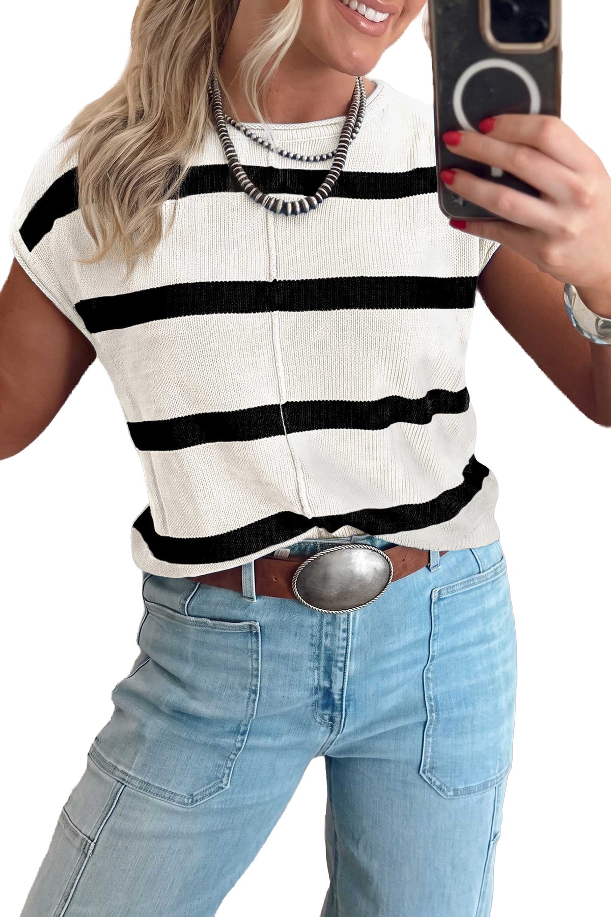 Rose Stripe Knit Western Short Sleeve Sweater