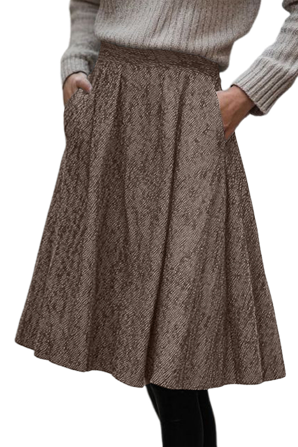 Dark Grey Solid Color Textured Pleated Midi Skirt