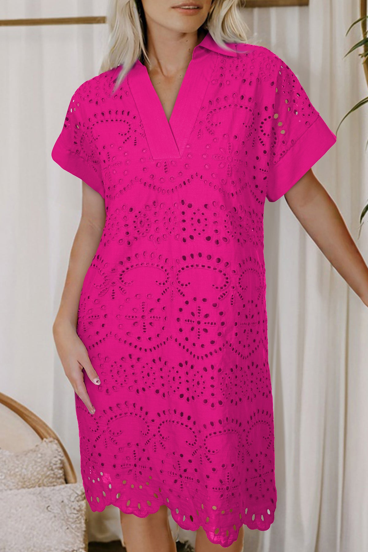 Black Solid Color Eyelet Embroidered T Shirt Mini Dress