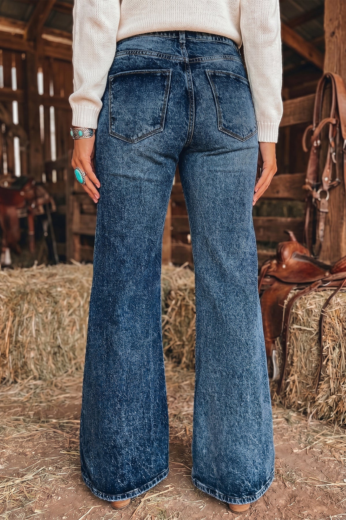 Beau Blue Acid Wash Pocket Detail Flare Jeans