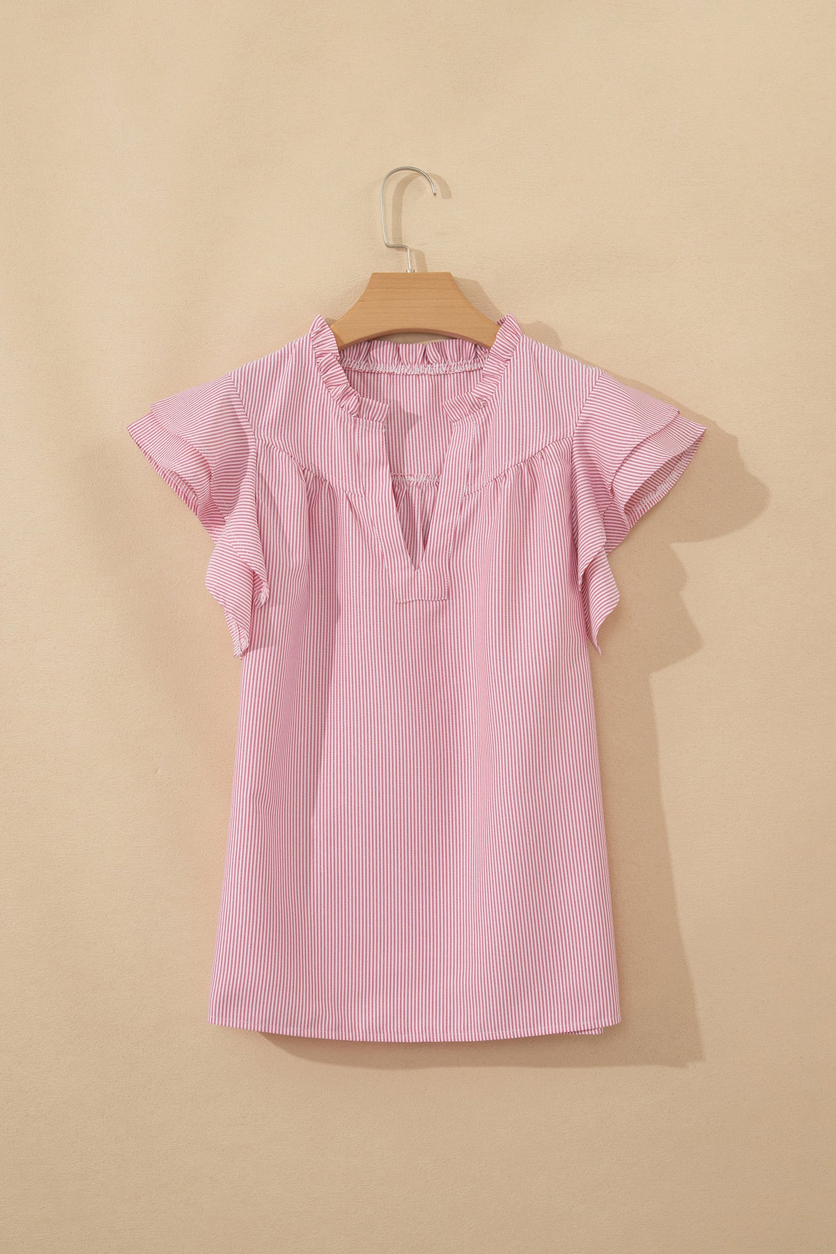 Red Stripe Frilly Split Neck Double Ruffled Short Sleeve Blouse