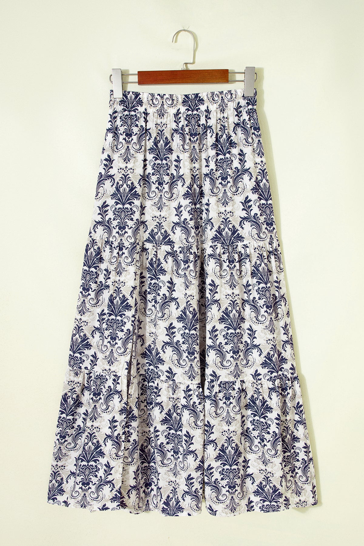 Blue Bohemian Floral Print Tiered Maxi Skirt with Split