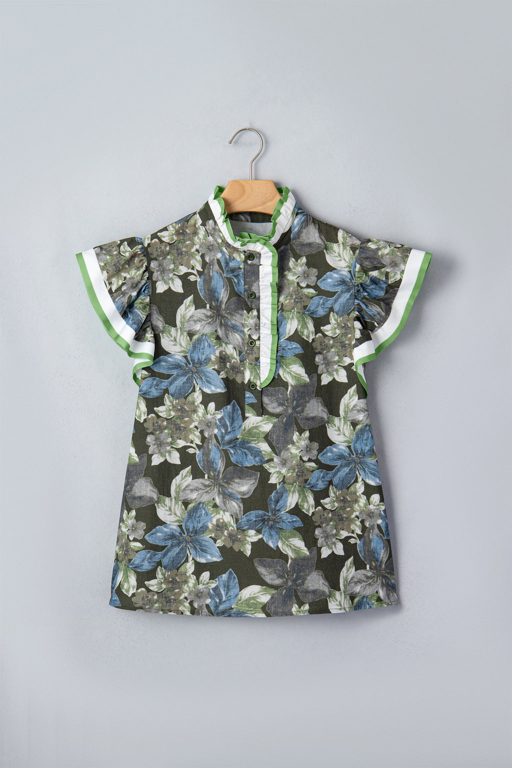 Green Ruffled Short Sleeve Floral Summer Blouse