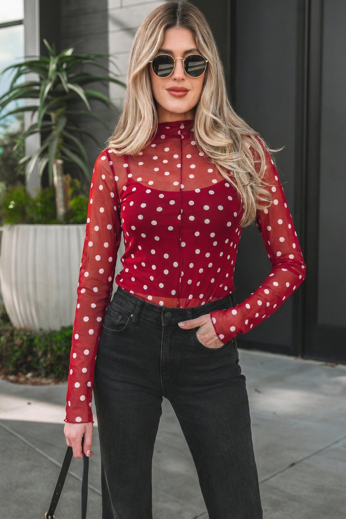 Green Polka Dot Patterned Bodycon Mock Neck Mesh Long Sleeve Top