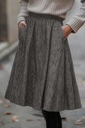 Dark Grey Solid Color Textured Pleated Midi Skirt