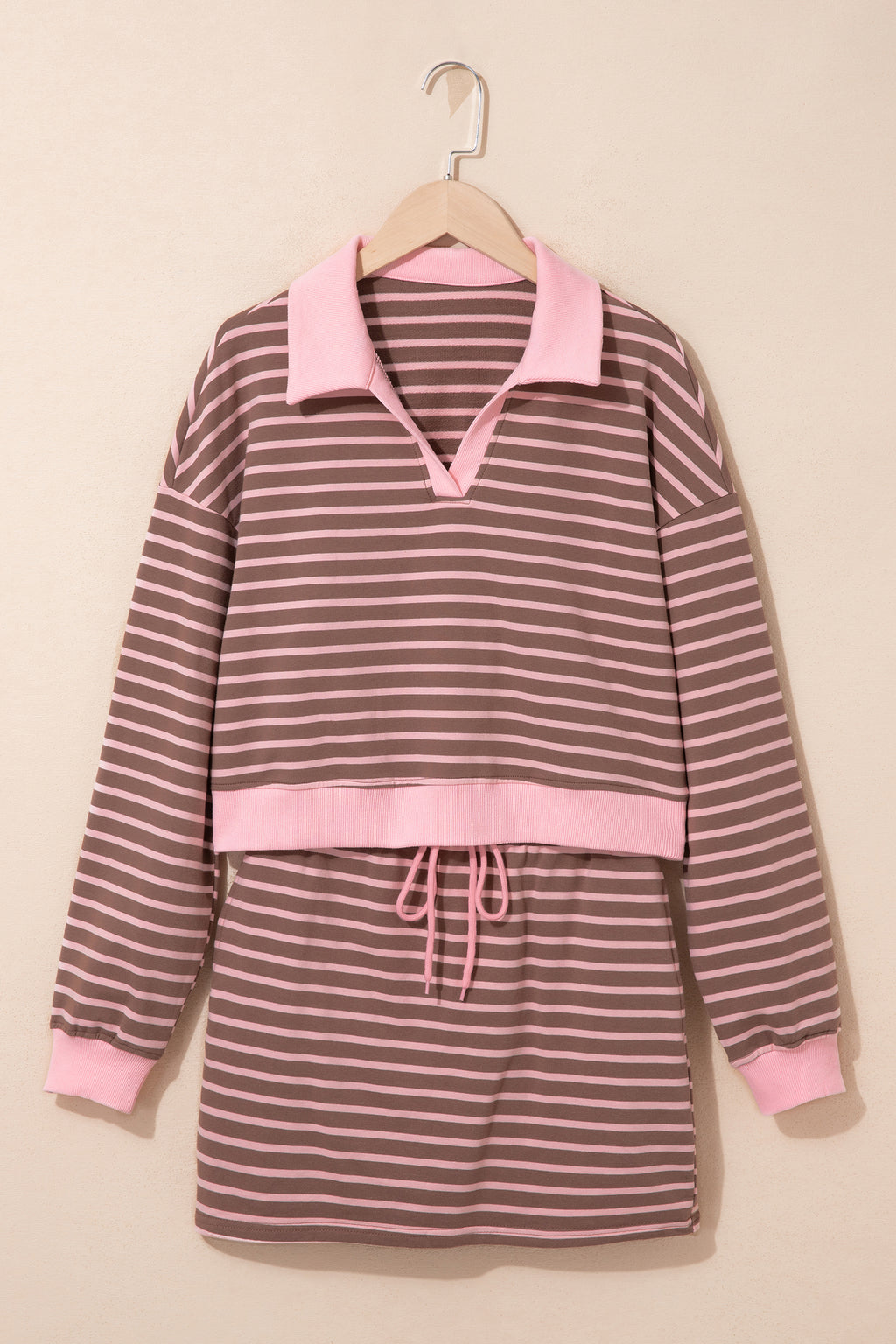 Brown Stripe Striped Drawstring Waist Long Sleeve Top Mini Skort Set