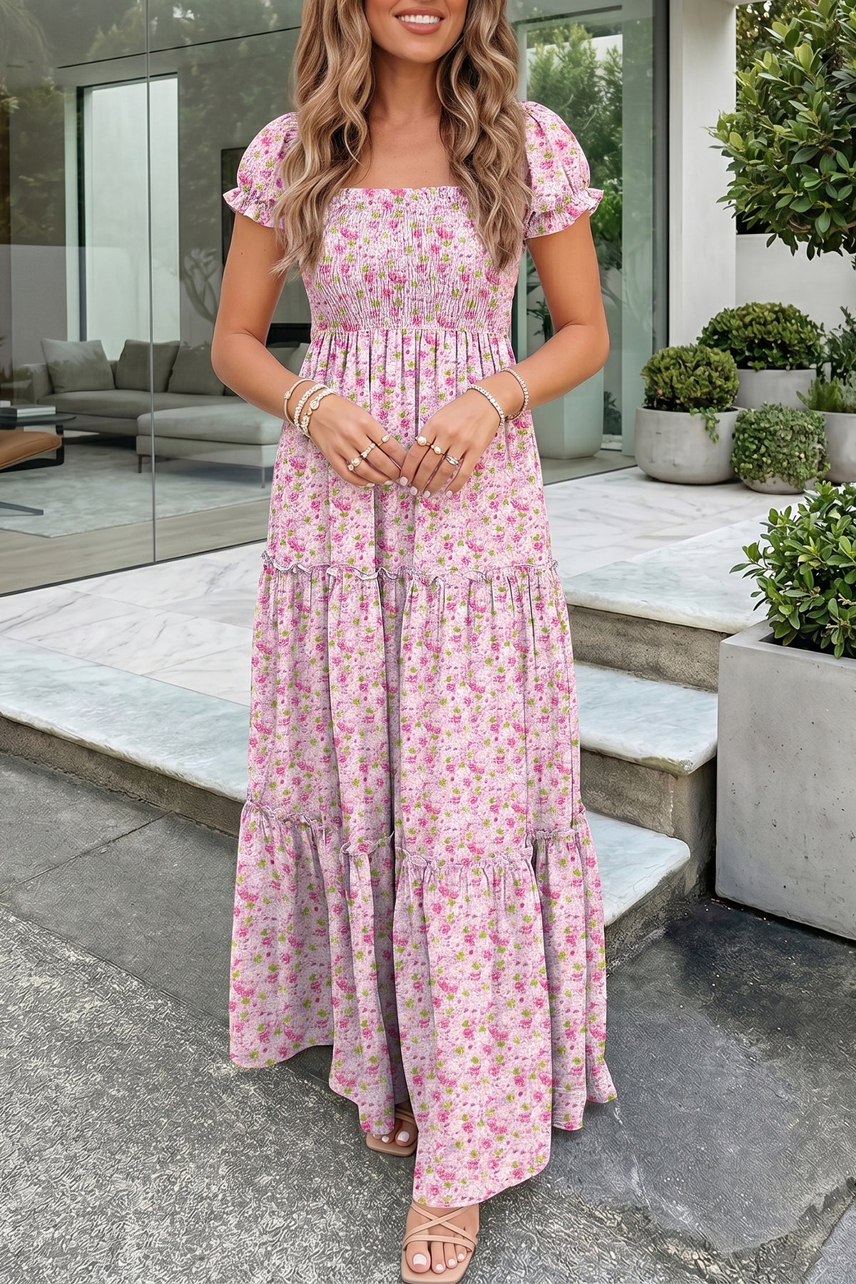 Purple Floral Short Bubble Sleeve Shirred High Waist Maxi Dress