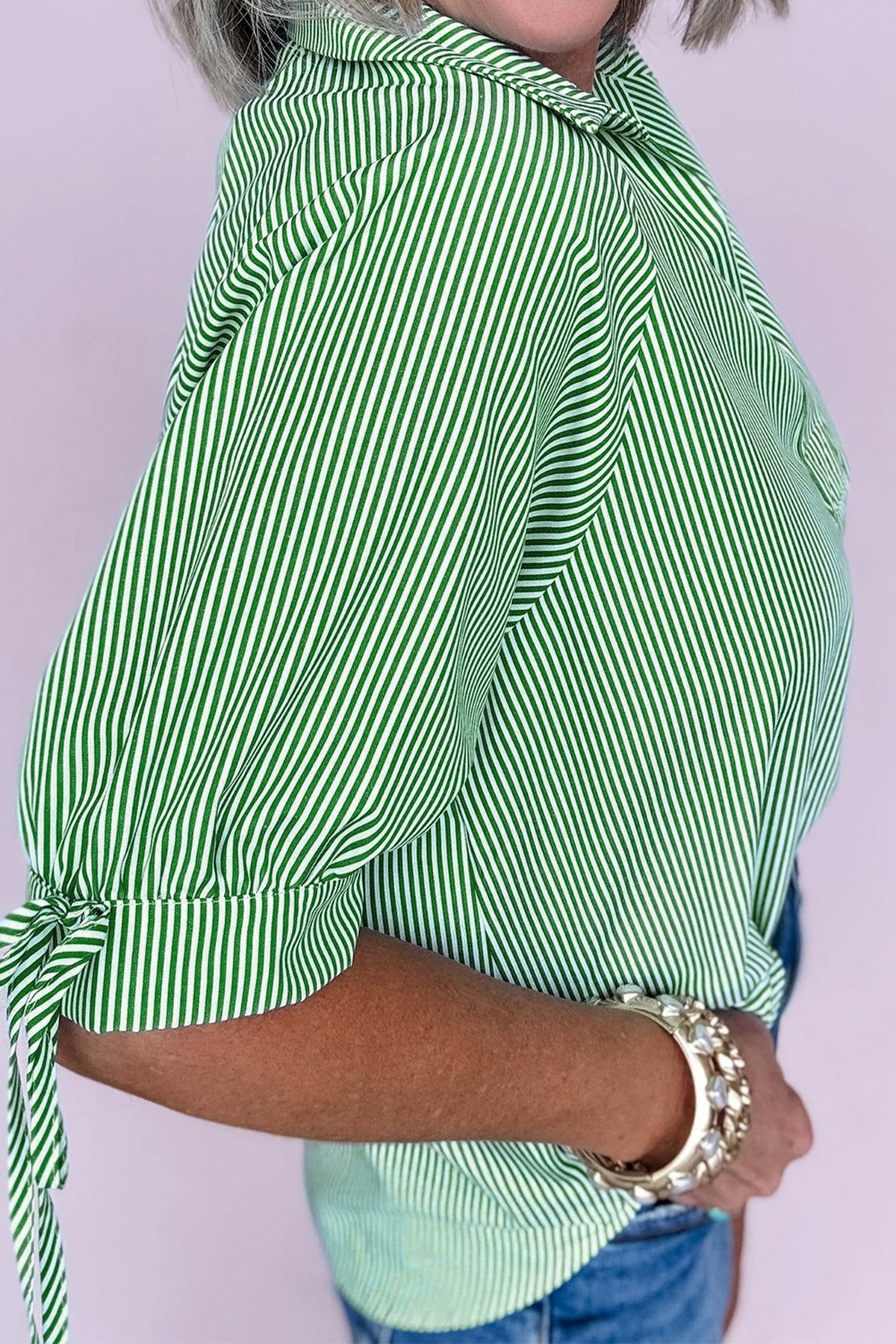 Pink Striped Print Collared Split Neck Half Sleeve Blouse