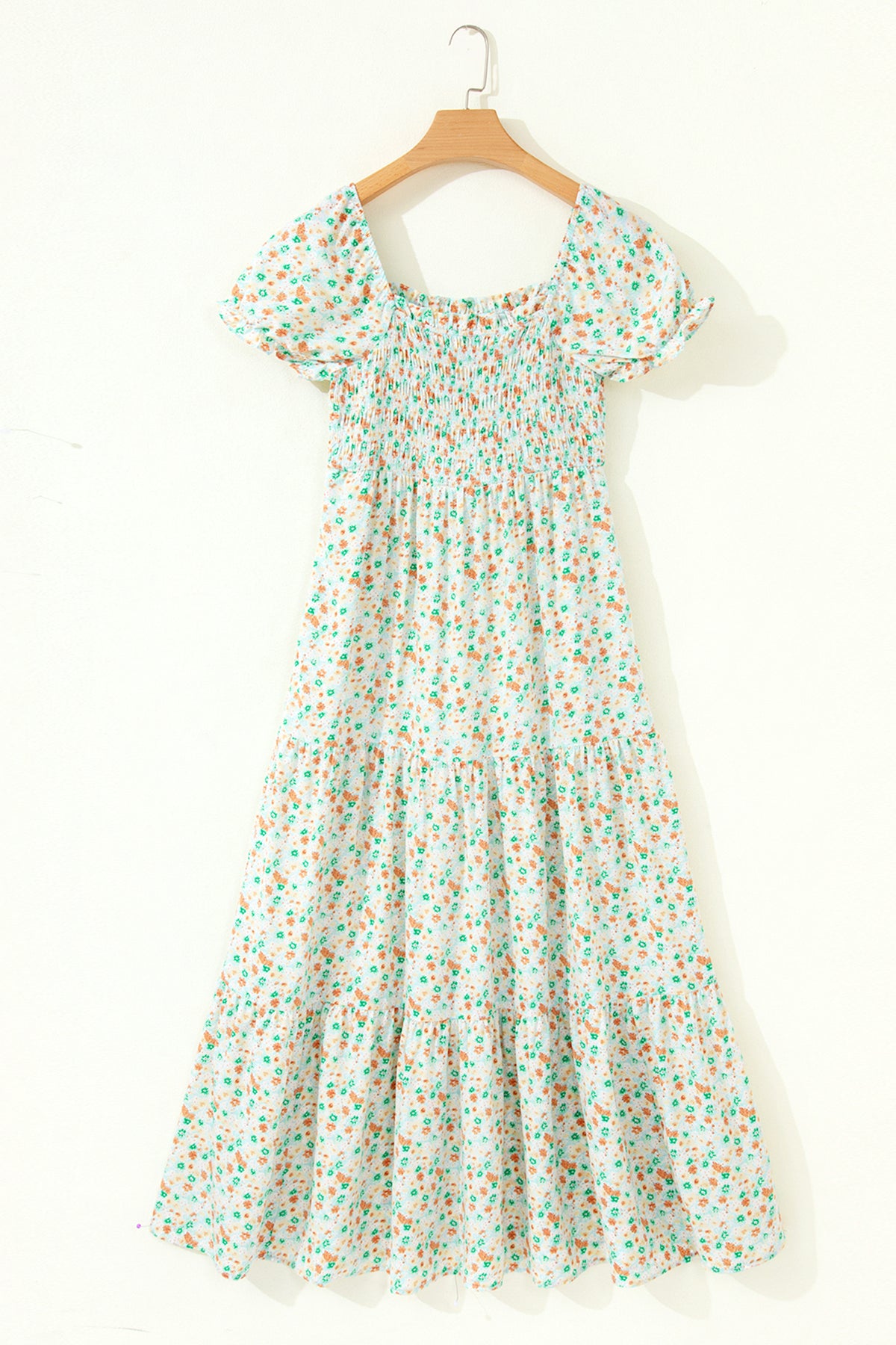Purple Floral Short Bubble Sleeve Shirred High Waist Maxi Dress