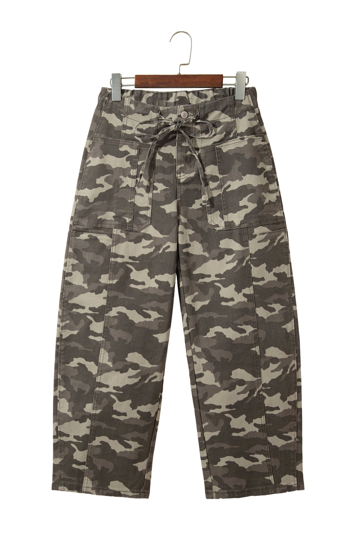 Khaki Leopard Printed Drawstring Elastic Waistband Pocketed Barrel Jeans