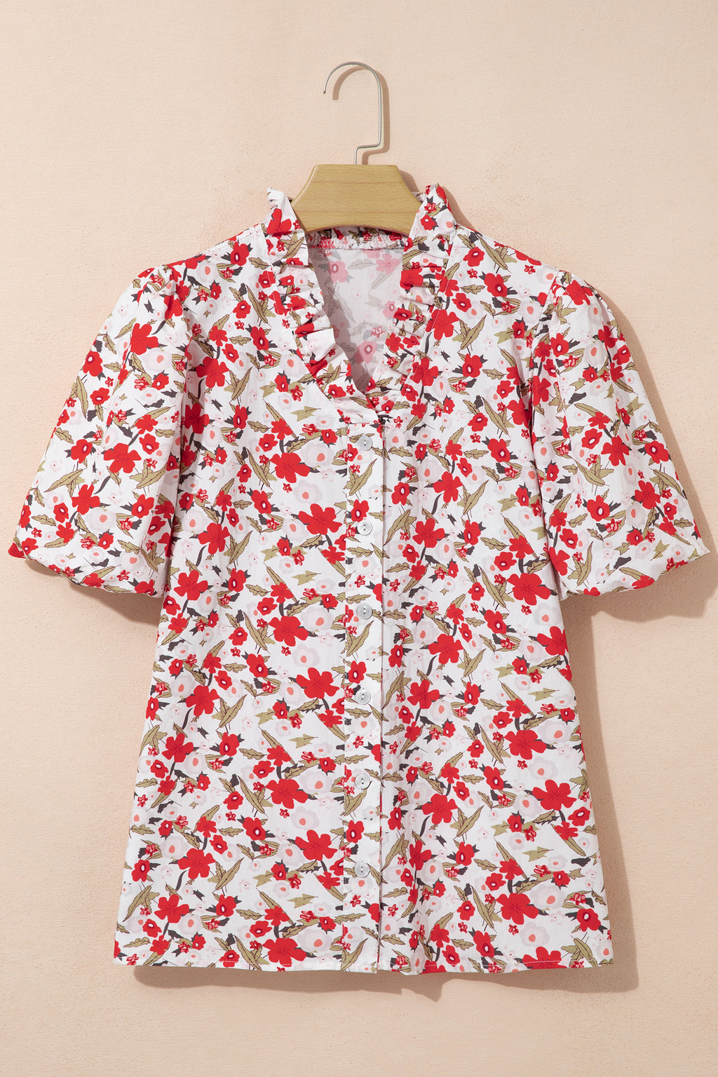 Red Floral Print Short Puff Sleeve Button Front Shirt
